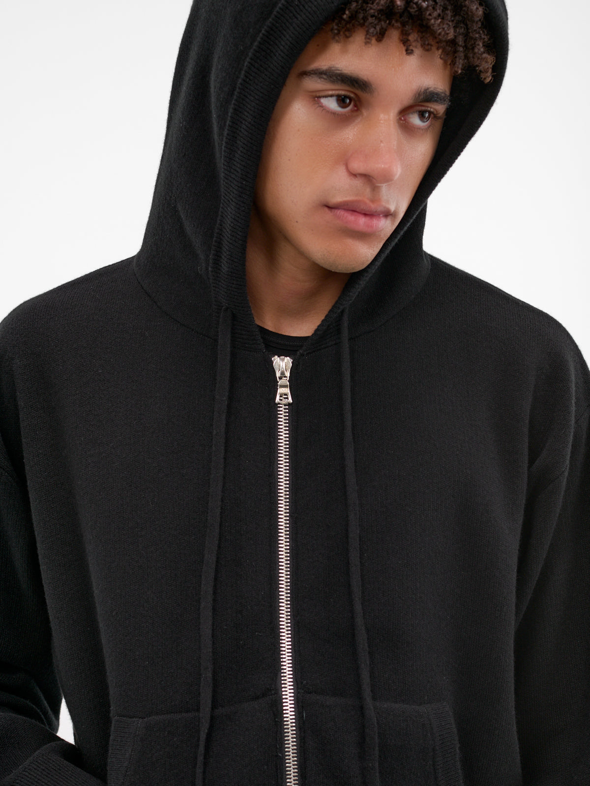 Black Shrunken Cashmere Zip Hoodie (KN-783-02-BLACK)