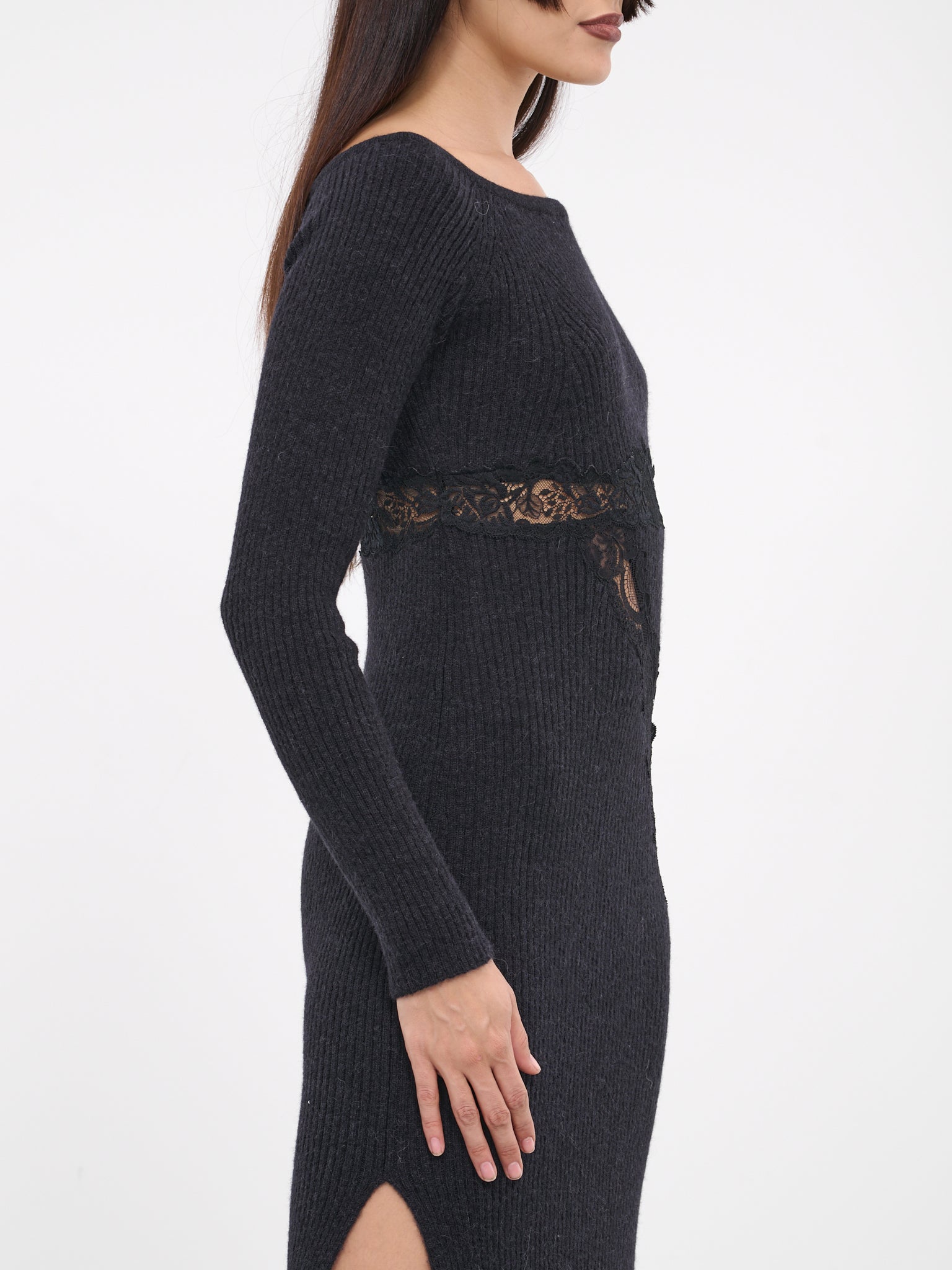 Lace Rib-Knit Dress (KN008-BLACK)