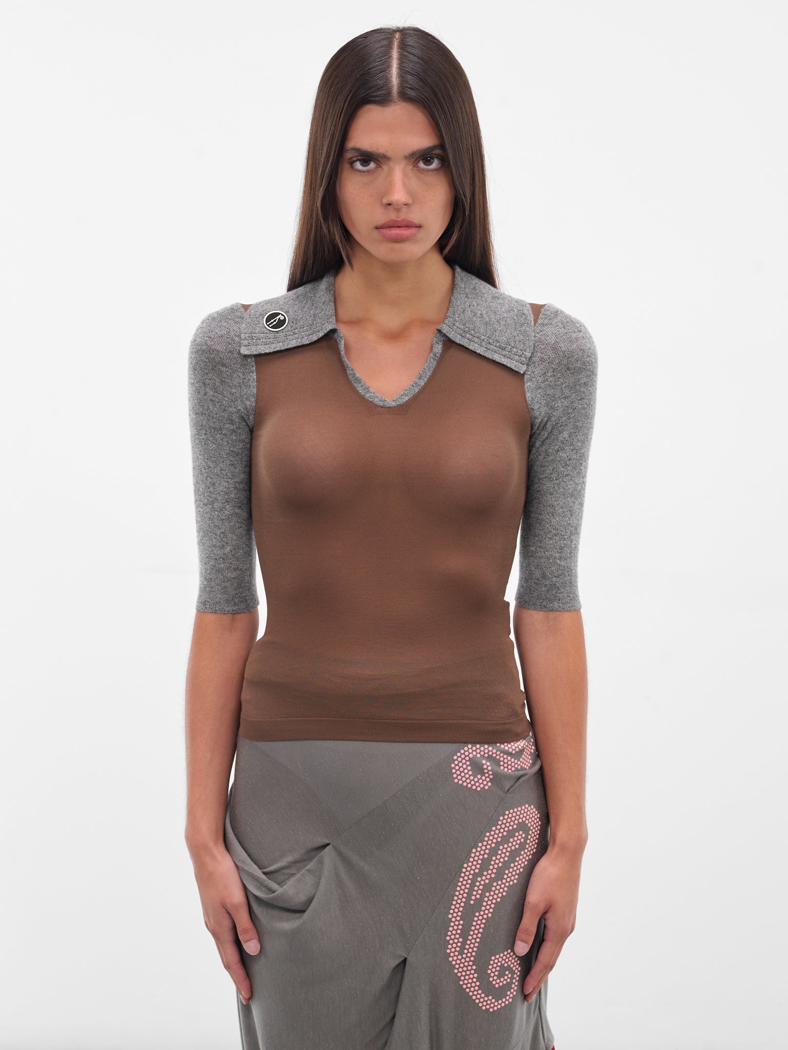 Two-Tone Larissa Knit Polo (KN01-95-BROWN)