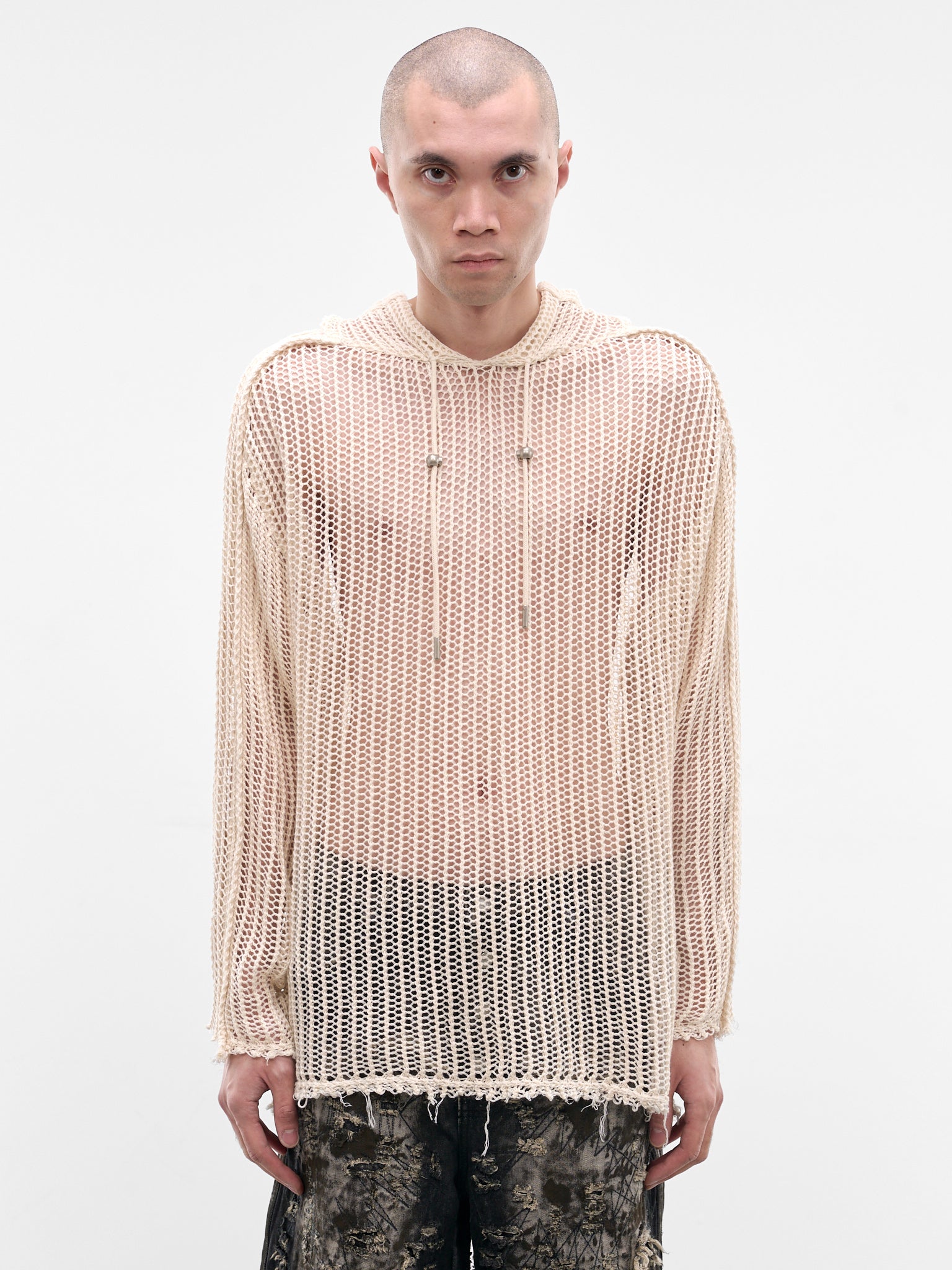 White Line Mesh Knit Hoodie (KN0301-WHITE)