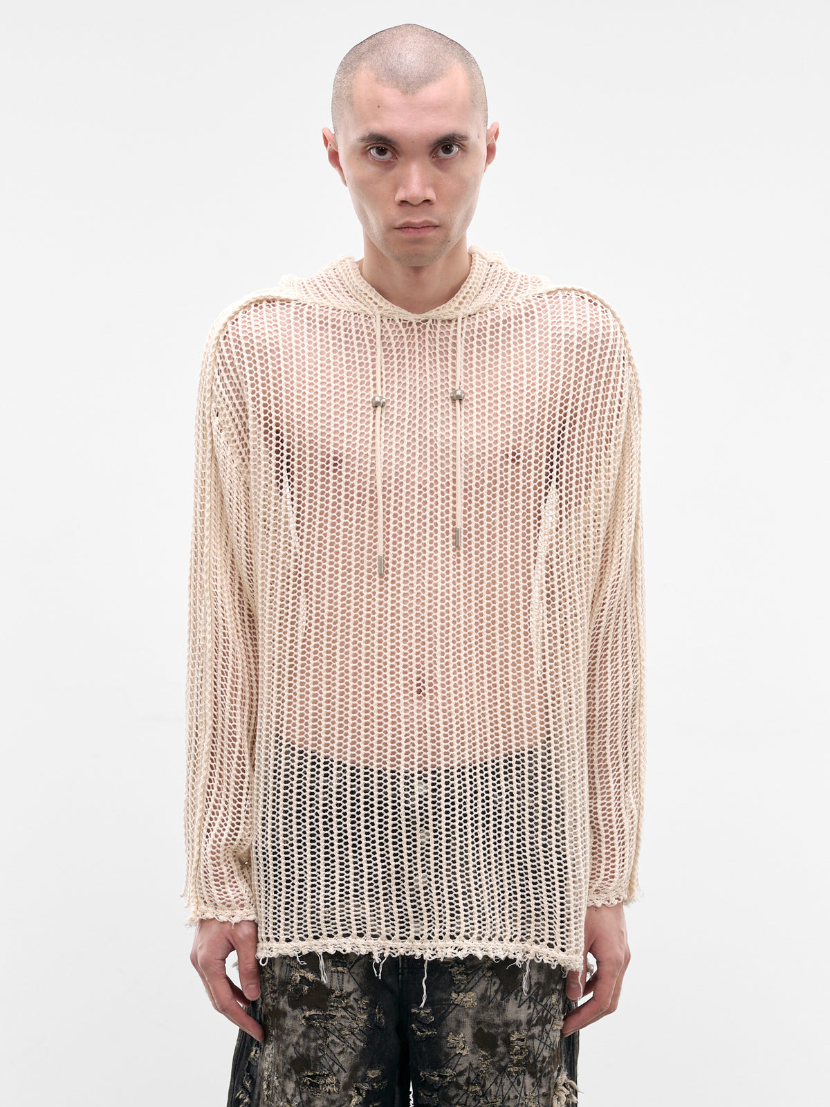 White Line Mesh Knit Hoodie (KN0301-WHITE)