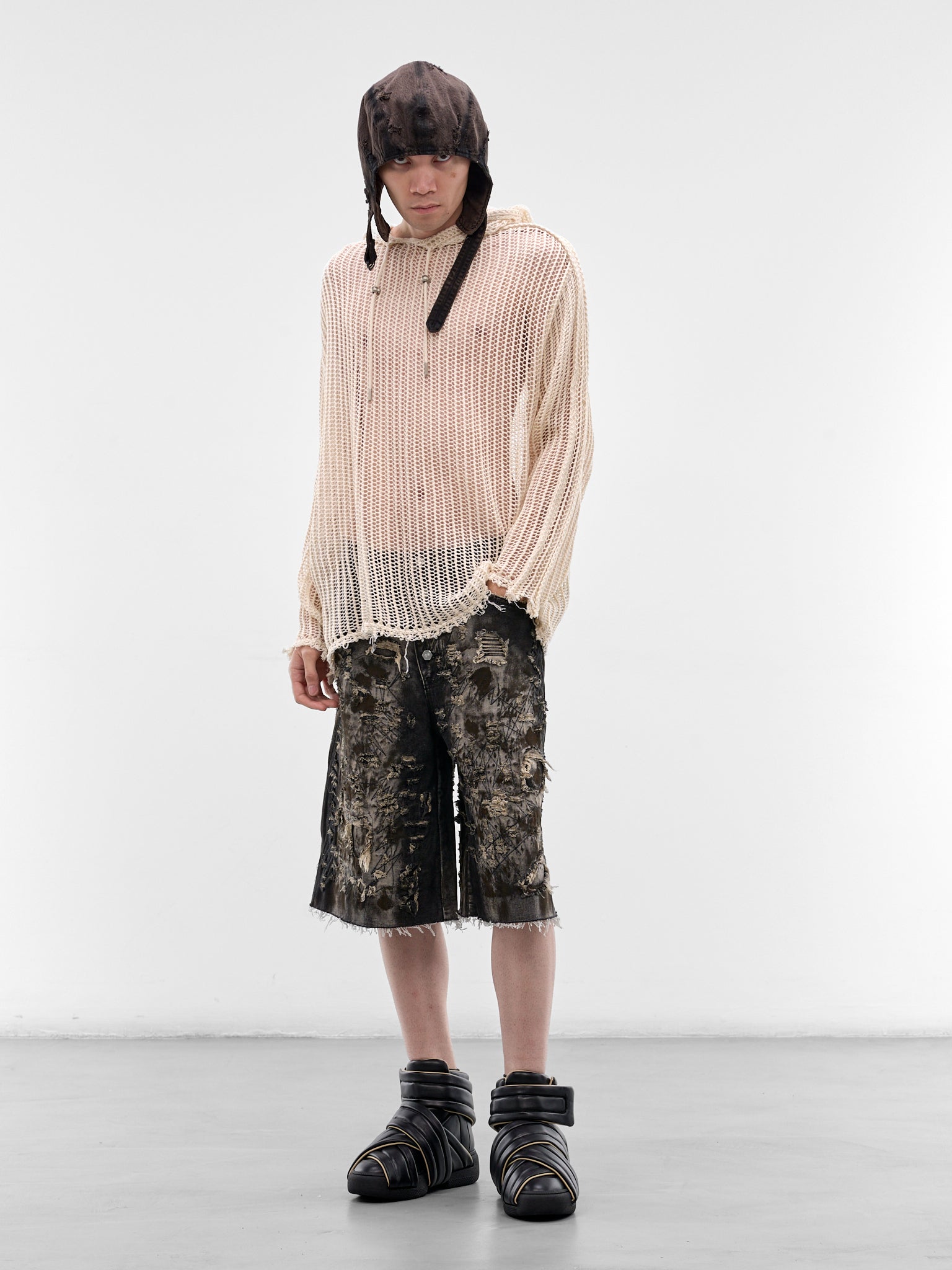 White Line Mesh Knit Hoodie (KN0301-WHITE)