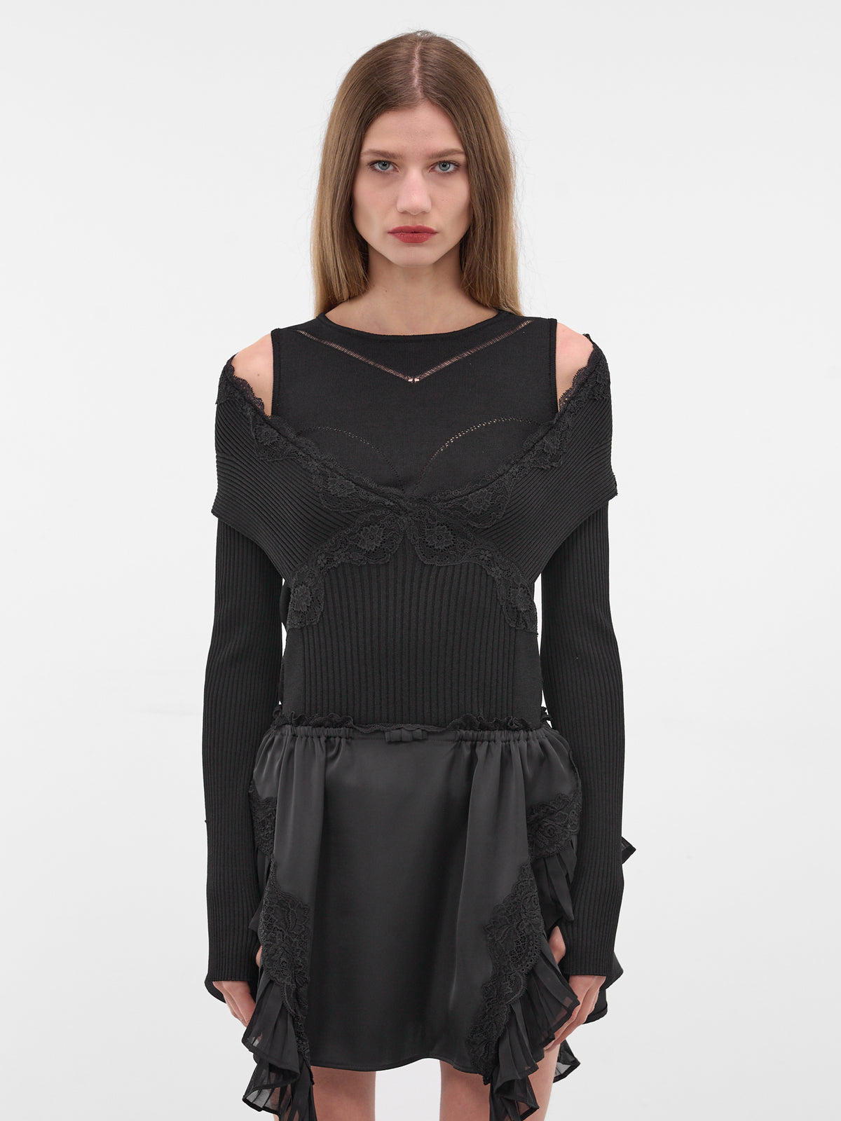 Black Hybrid Split Off-Shoulder Sweater (KN035-BLACK)