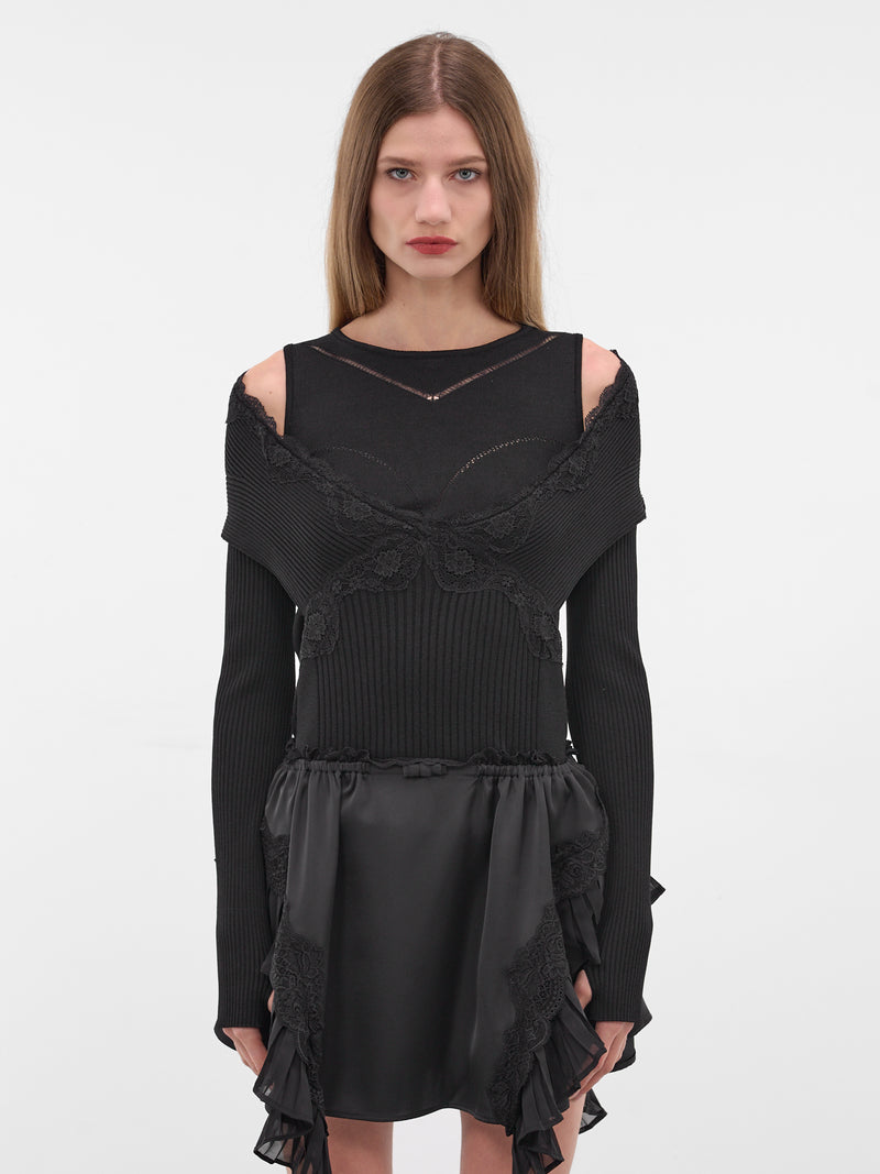 Black Hybrid Split Off-Shoulder Sweater (KN035-BLACK)