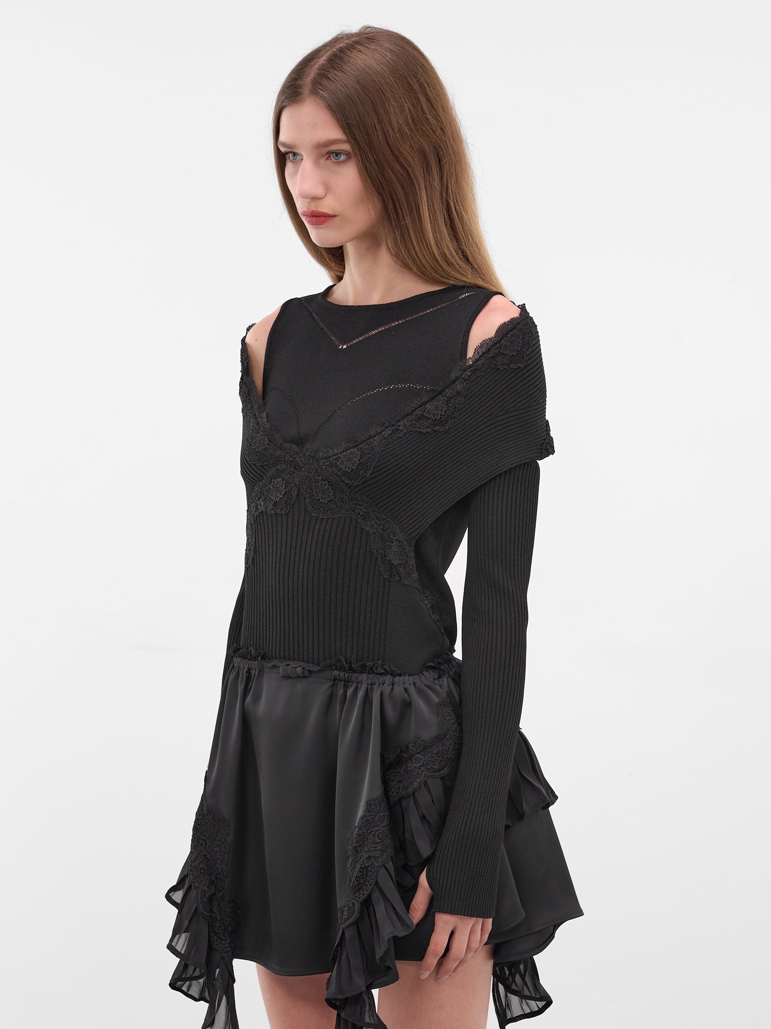 Black Hybrid Split Off-Shoulder Sweater (KN035-BLACK)