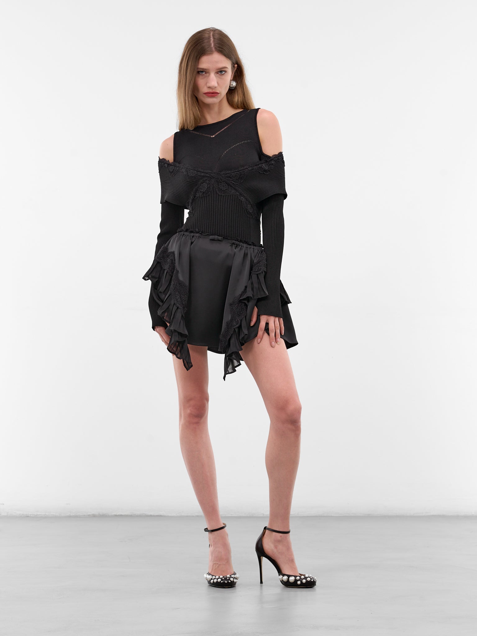 Black Hybrid Split Off-Shoulder Sweater (KN035-BLACK)