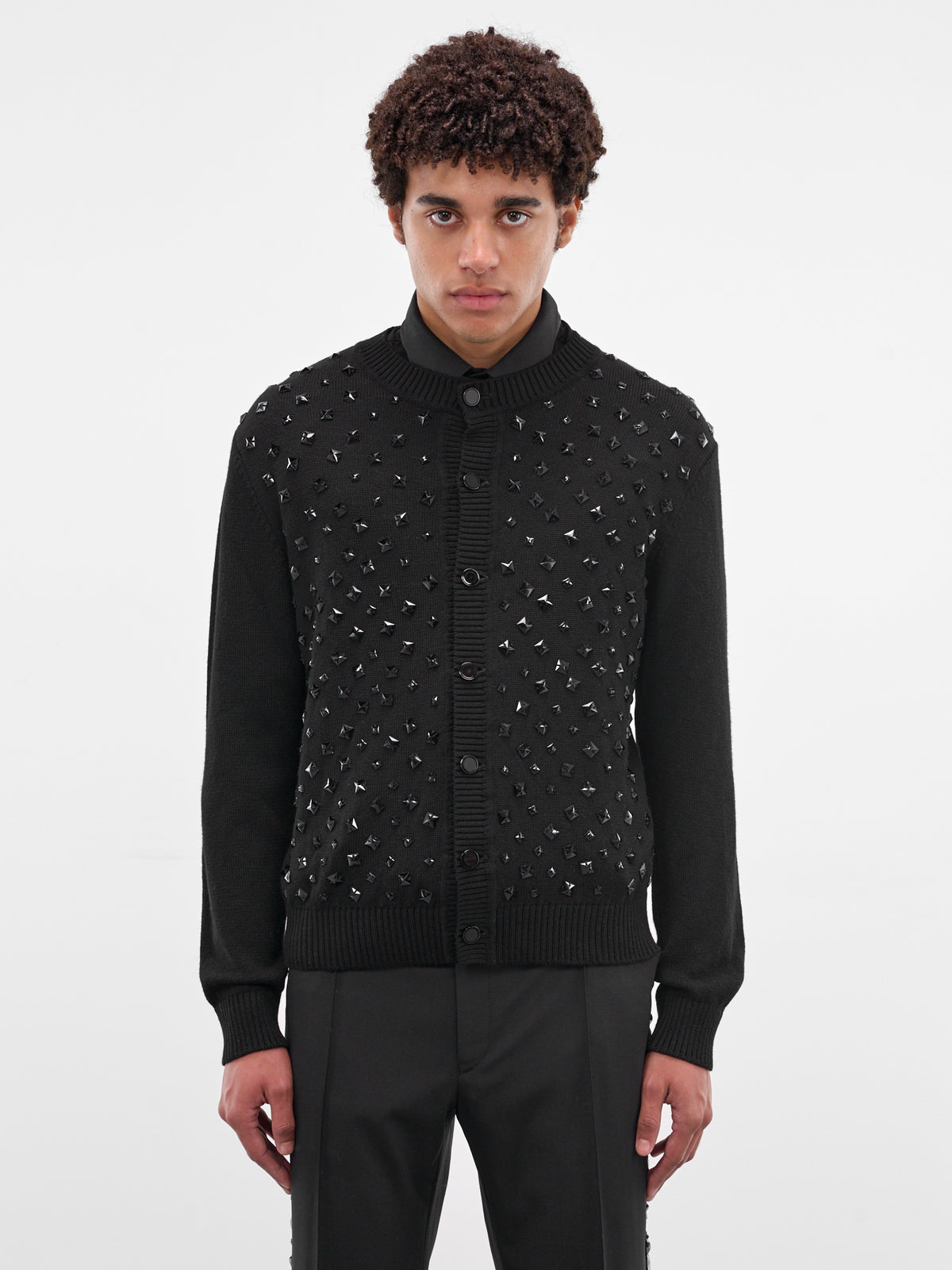 Black Stone Embellished Wool Cardigan (KN171S-BLACK-WITH-STONES)