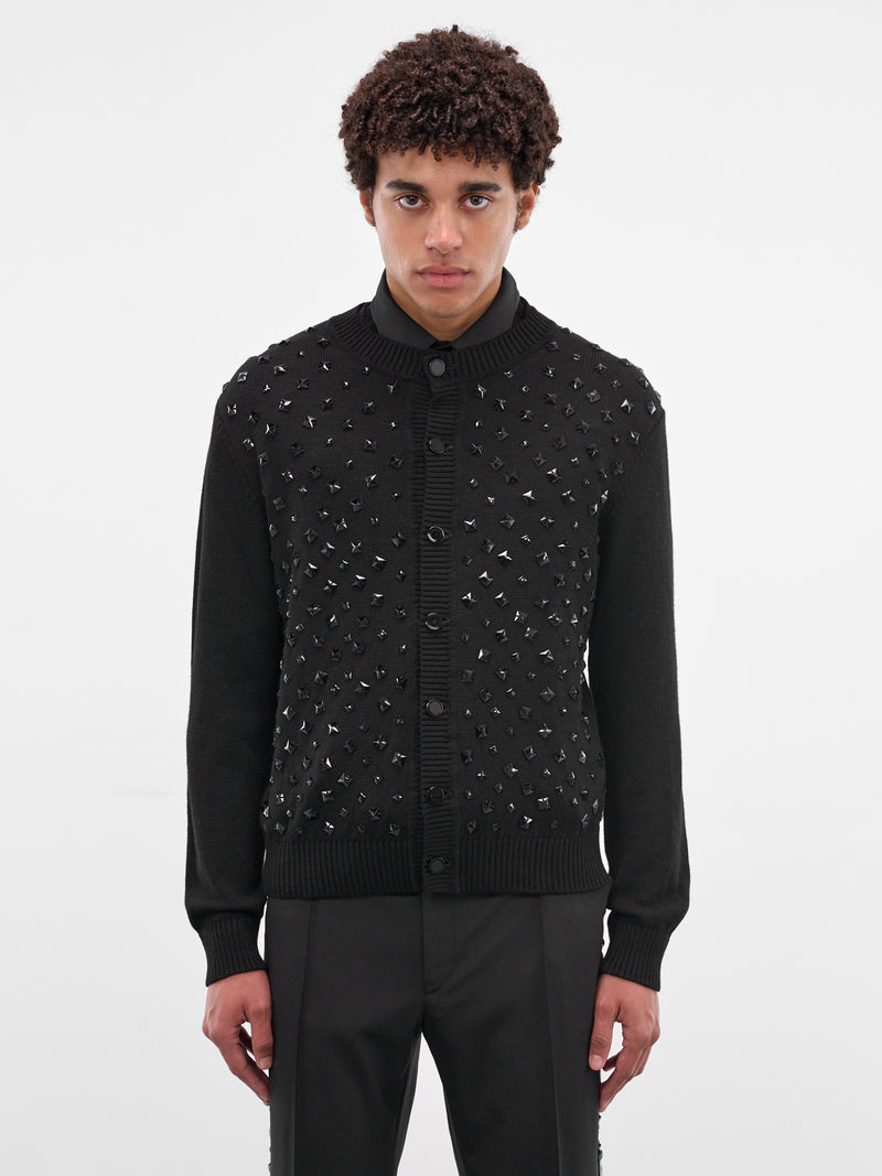Black Stone Embellished Wool Cardigan (KN171S-BLACK-WITH-STONES)