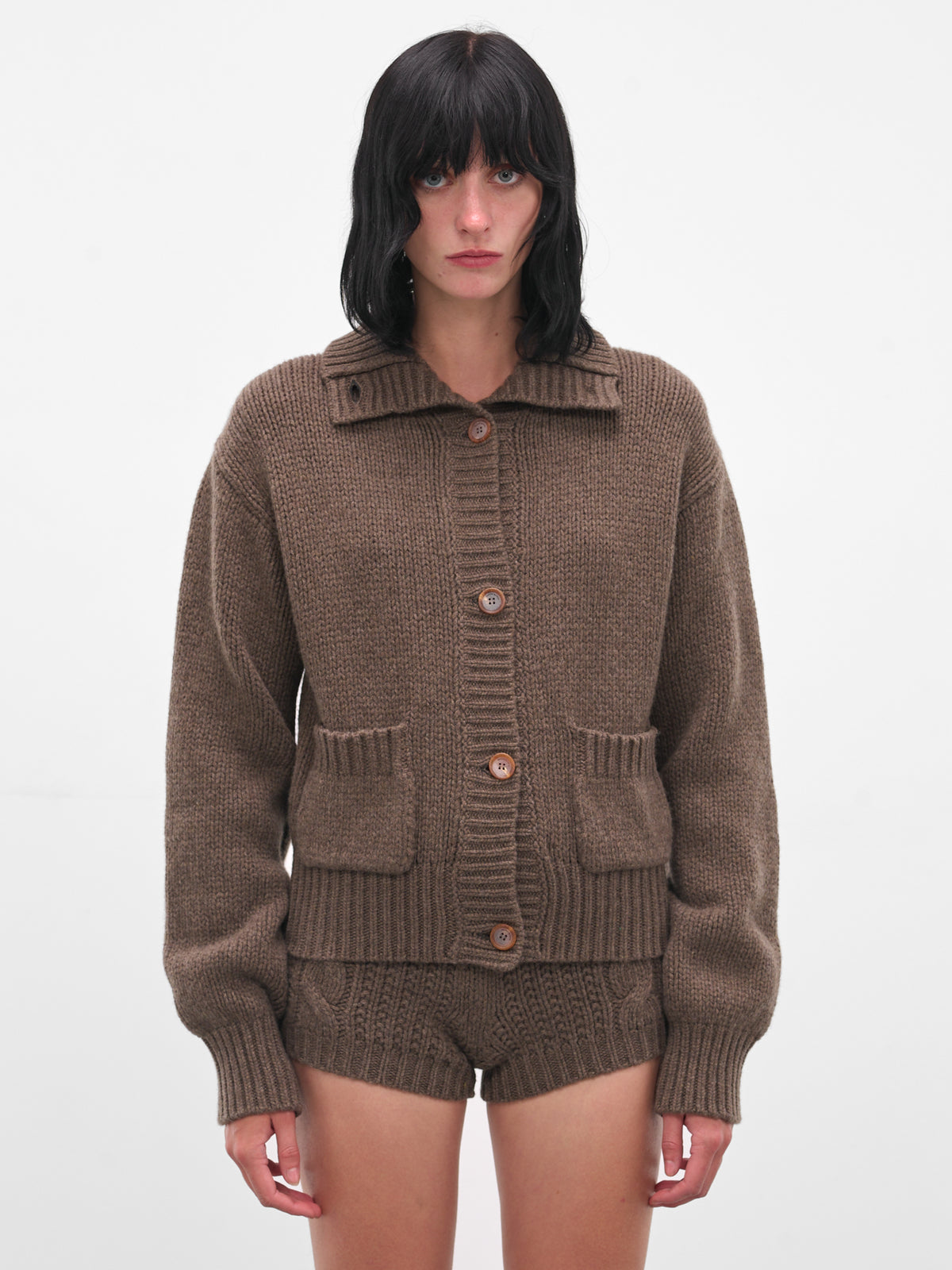 Brown Cashmere Cropped Cable-Knit Cardigan (KNITWEAR-06-BROWN)