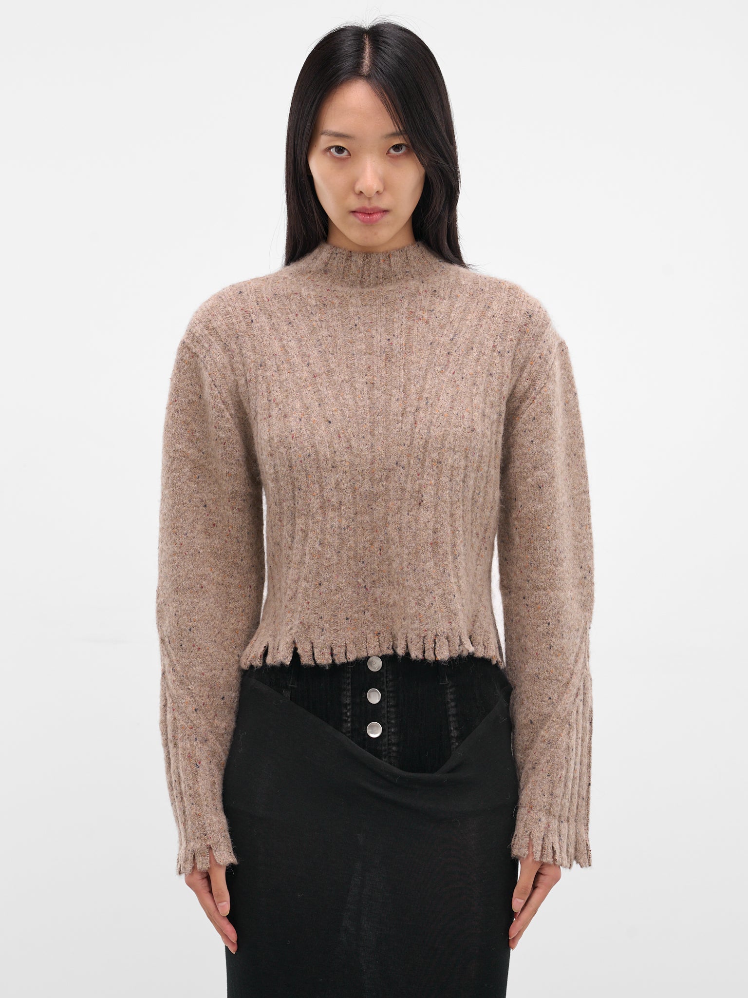 Gray Distressed Fringe Knit Sweater (KT13A2GY830-MINERAL-GREY)