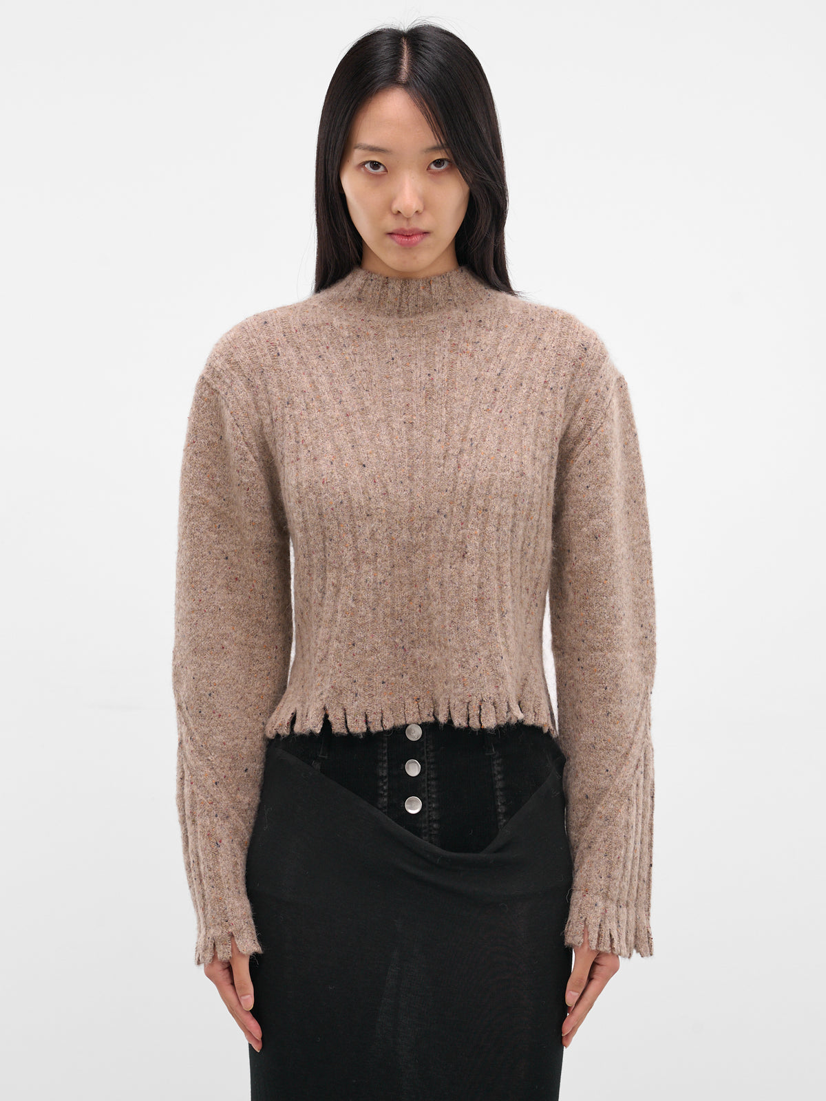 Gray Distressed Fringe Knit Sweater (KT13A2GY830-MINERAL-GREY)