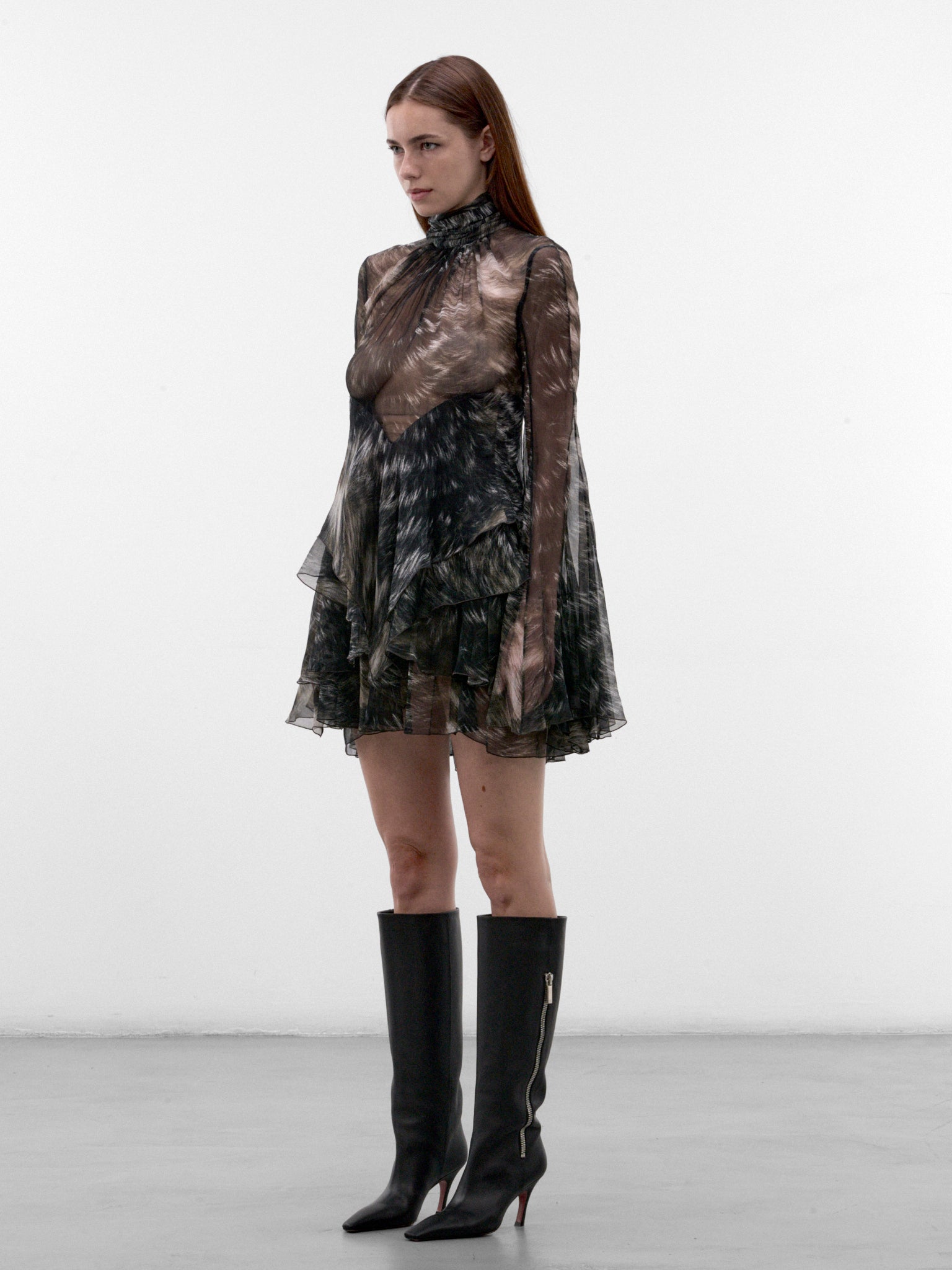 Black Sheer Pattern Mini Dress (XWT101-CKT79-BLACK-BEIGE)