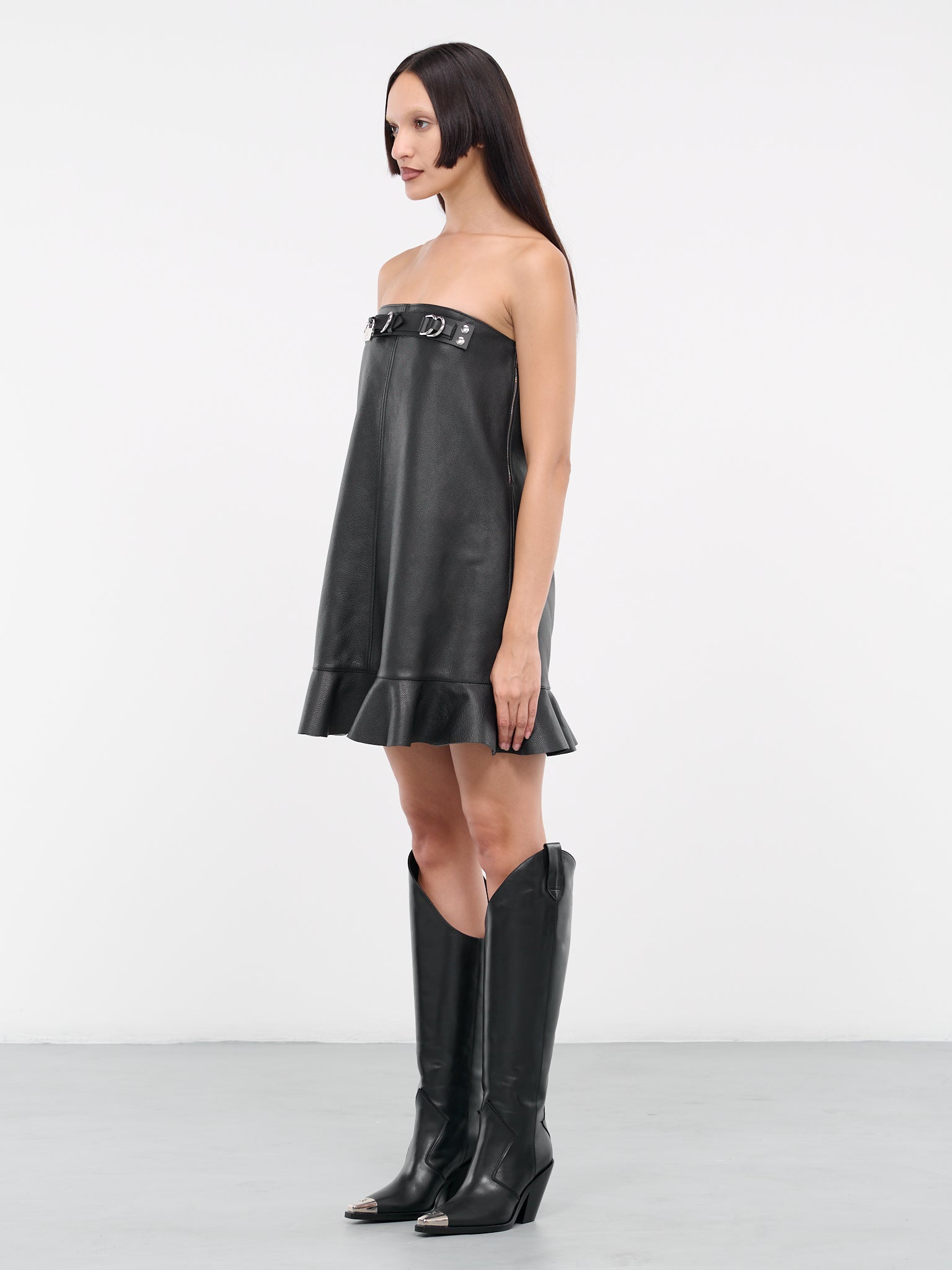 Padlock Ruffled Leather Dress (LD0011-LT0059-999-BLACK)