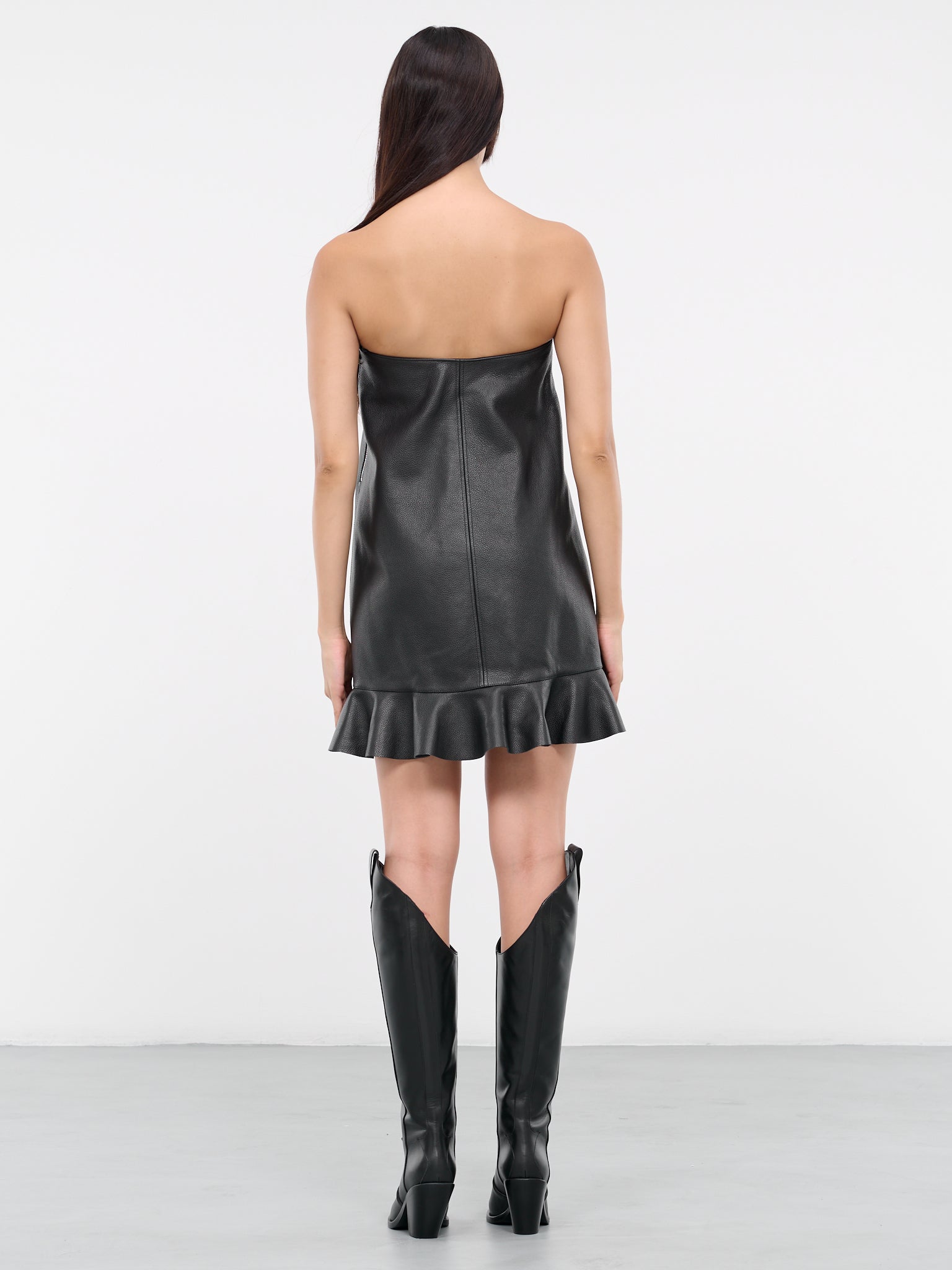 Padlock Ruffled Leather Dress (LD0011-LT0059-999-BLACK)