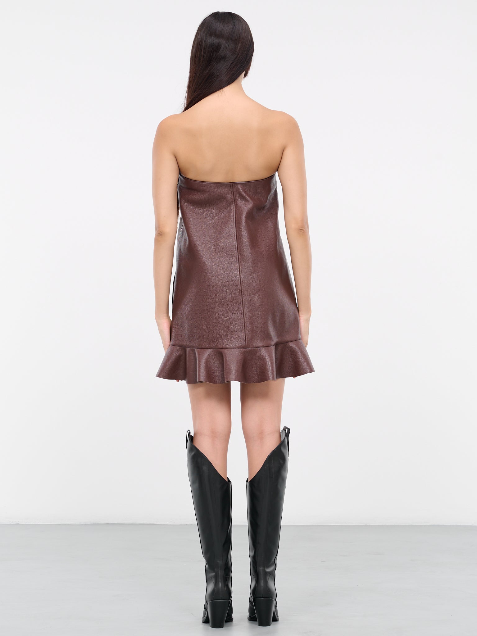 Padlock Ruffled Leather Dress (LD0011-LT0059-660-CHOCOLATE)