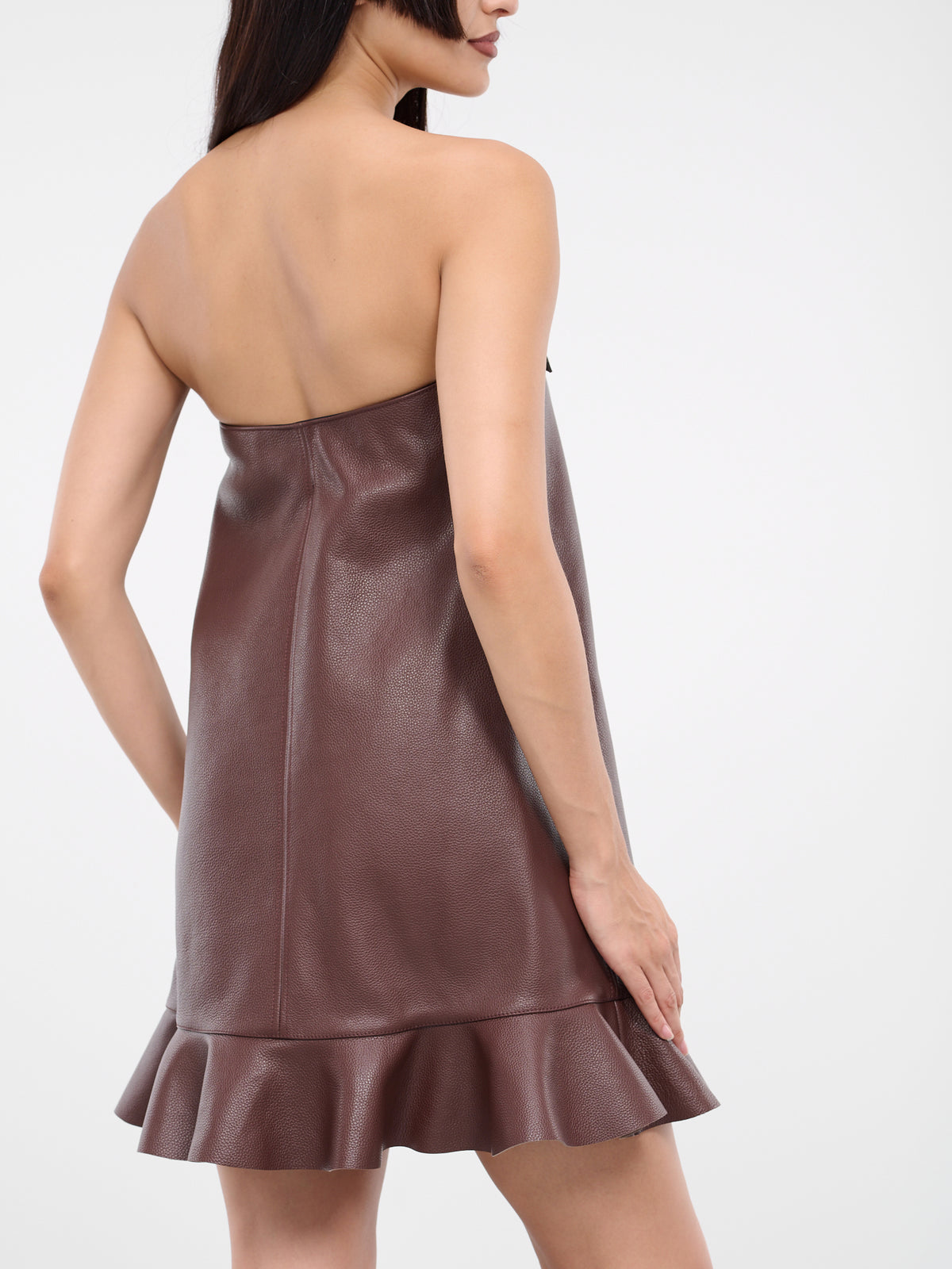 Padlock Ruffled Leather Dress (LD0011-LT0059-660-CHOCOLATE)