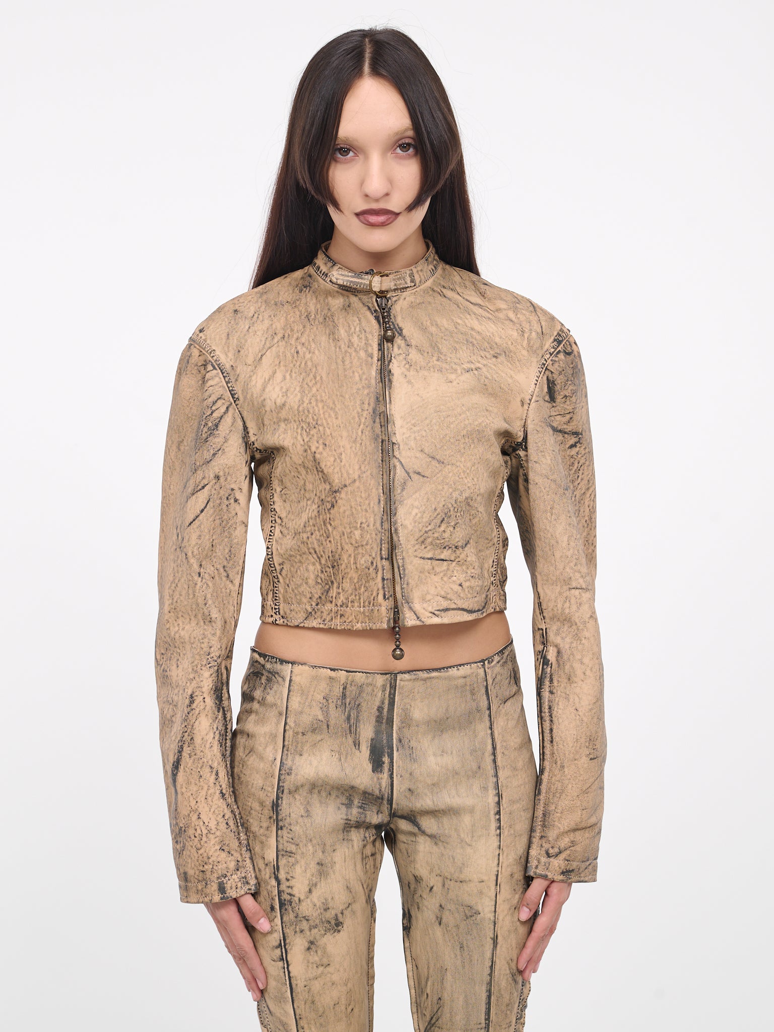 Painted Leather Biker Jacket (LEAT000308-BEIGE-GREEN)