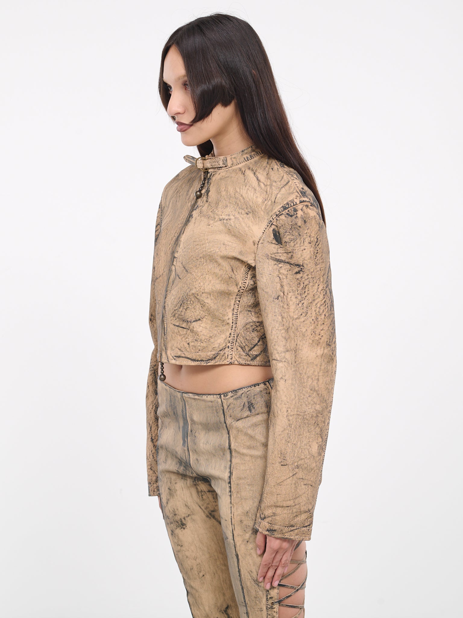 Painted Leather Biker Jacket (LEAT000308-BEIGE-GREEN)