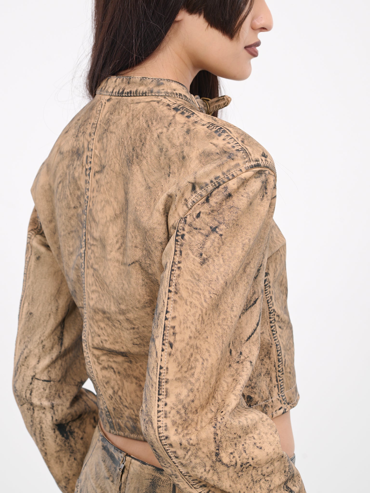 Painted Leather Biker Jacket (LEAT000308-BEIGE-GREEN)