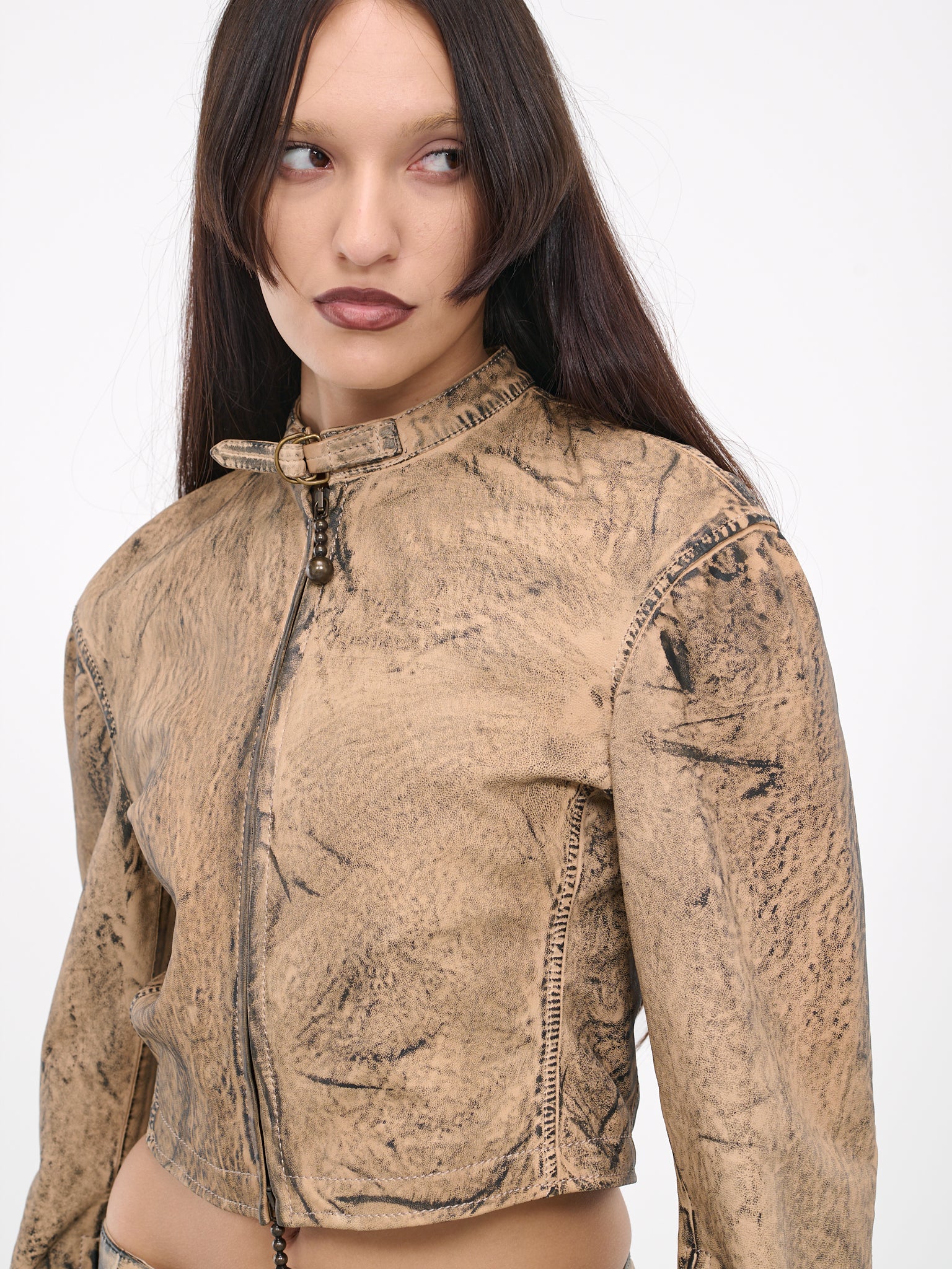 Painted Leather Biker Jacket (LEAT000308-BEIGE-GREEN)