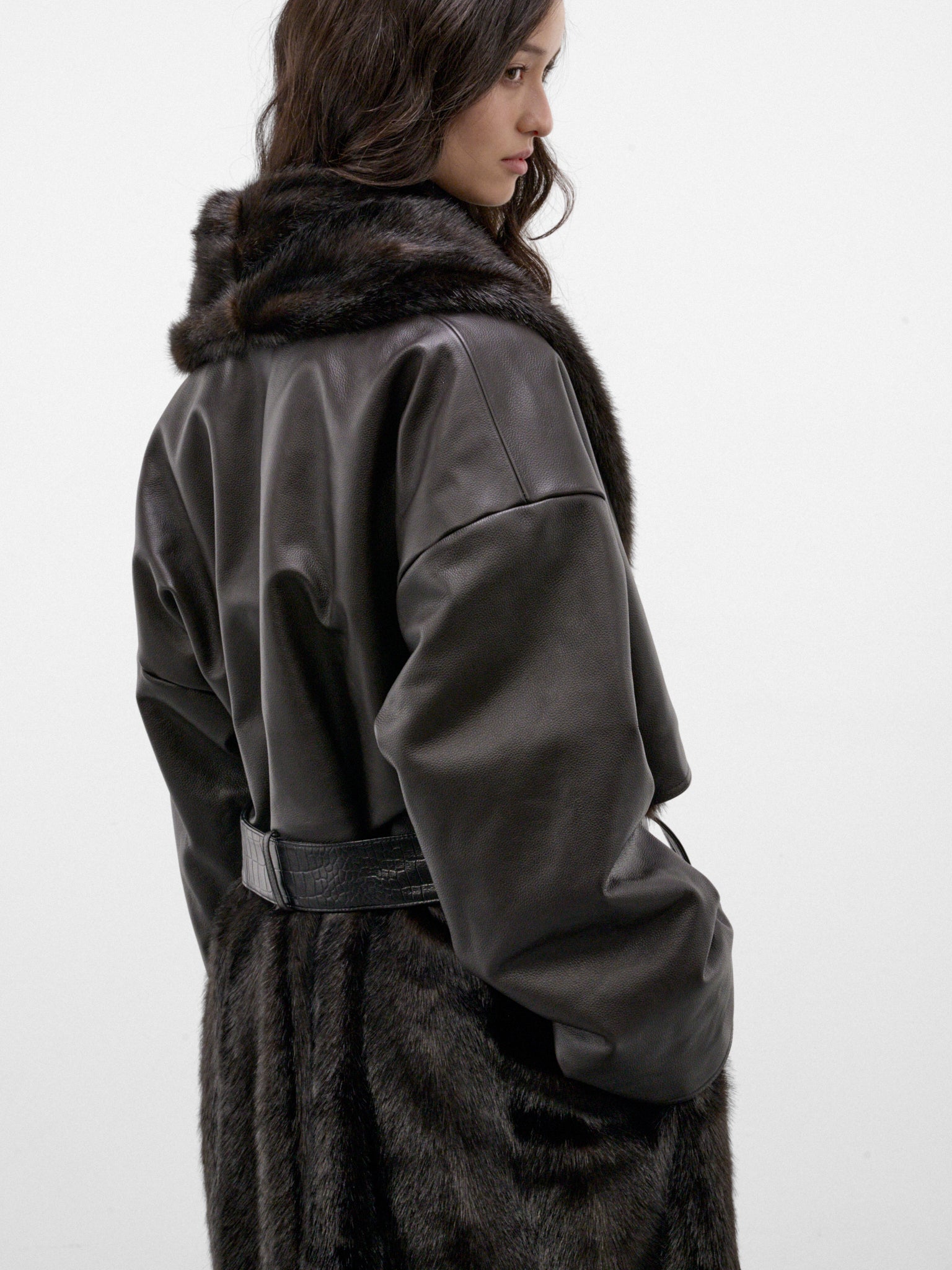 Brown Leather & Fur Coat (LEATHER-22-DARK-BROWN)