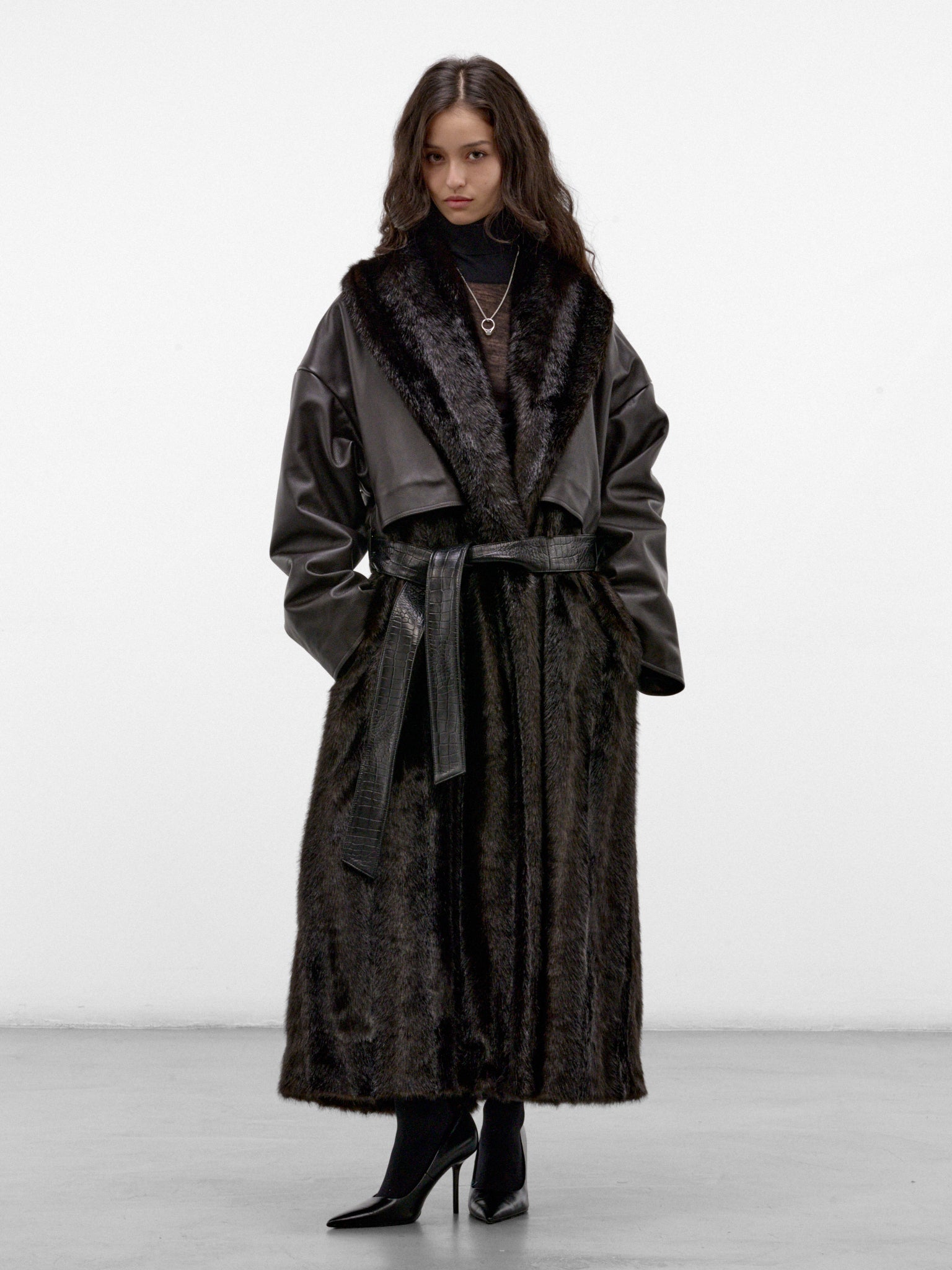 Brown Leather & Fur Coat (LEATHER-22-DARK-BROWN)