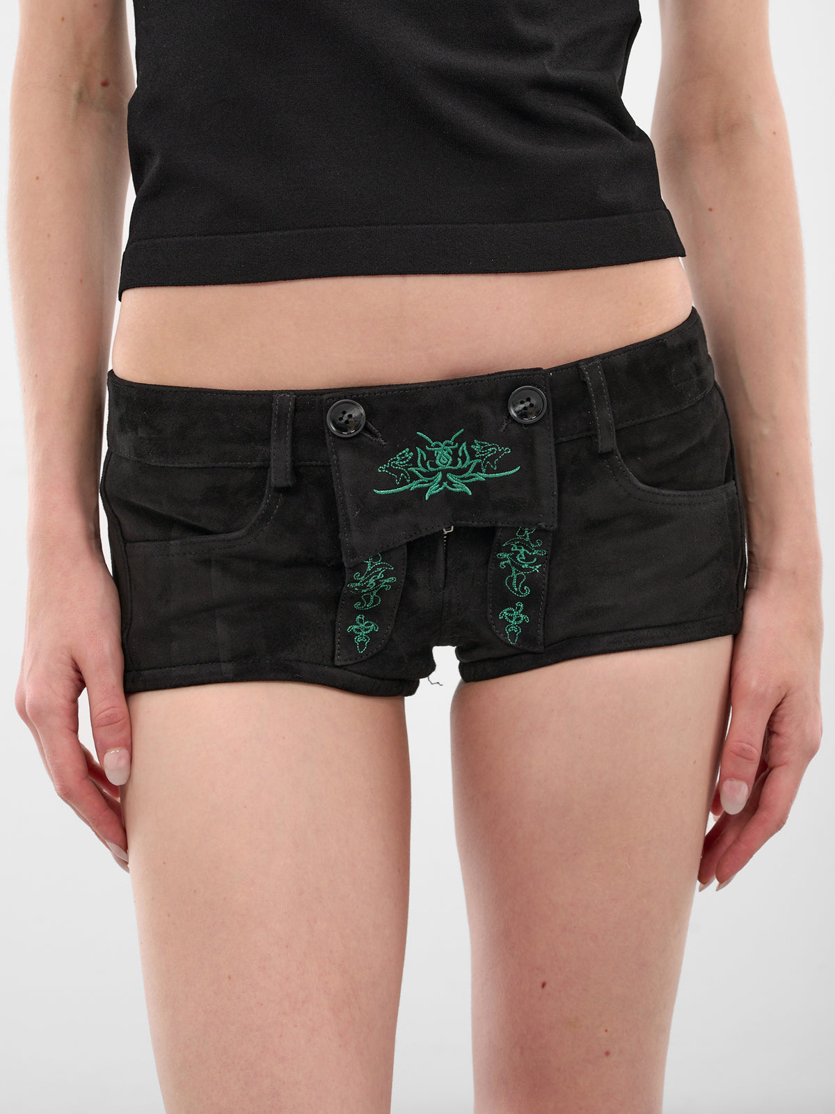 Black Suede Lederhosen Micro Shorts (LEDERHOSEN-BLACK)