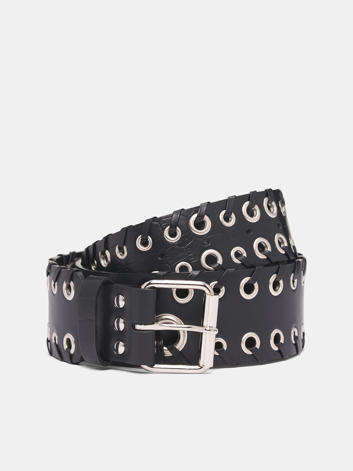 Black Leather Eyelet Laced Belt (LL-F03-883-3-BLACK)