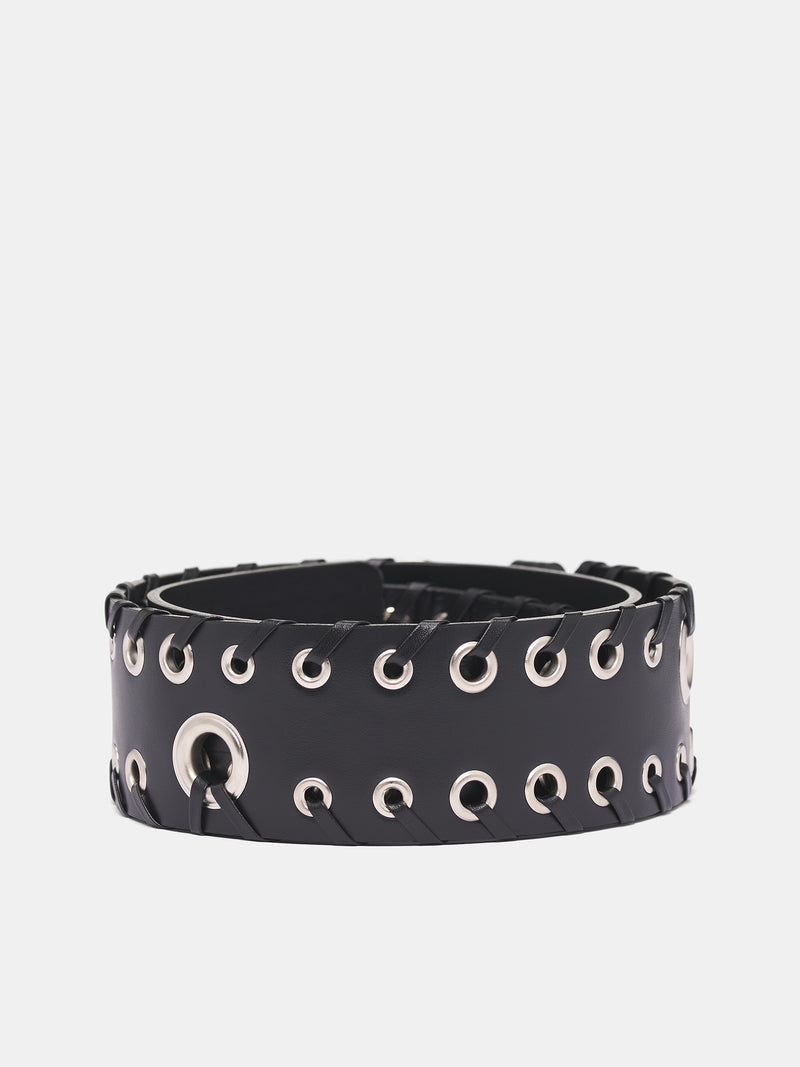 Black Leather Eyelet Laced Belt (LL-F03-883-3-BLACK)