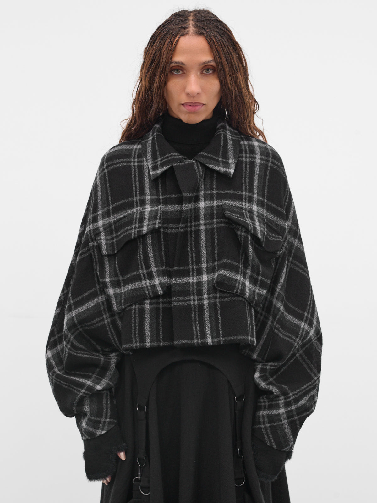 Black Check Cropped Wool Jacket (LL-J07-122-1-BLACK)