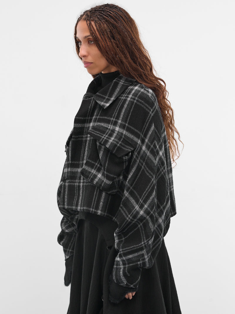 Black Check Cropped Wool Jacket (LL-J07-122-1-BLACK)