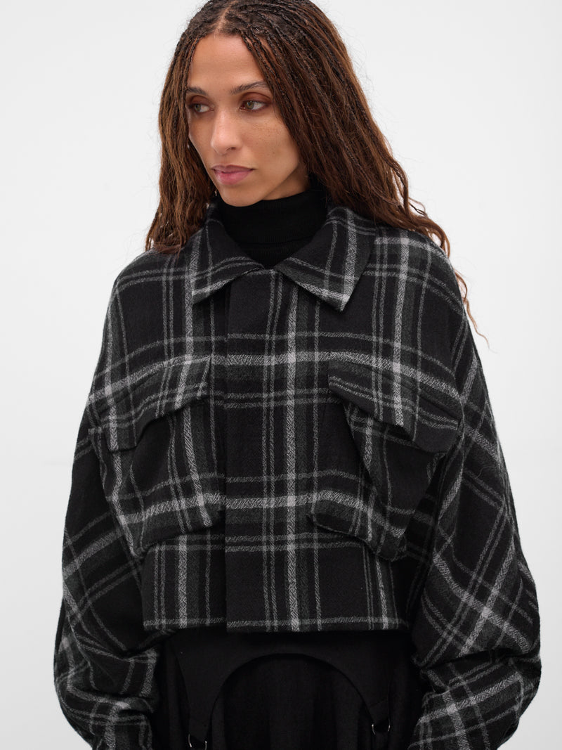 Black Check Cropped Wool Jacket (LL-J07-122-1-BLACK)