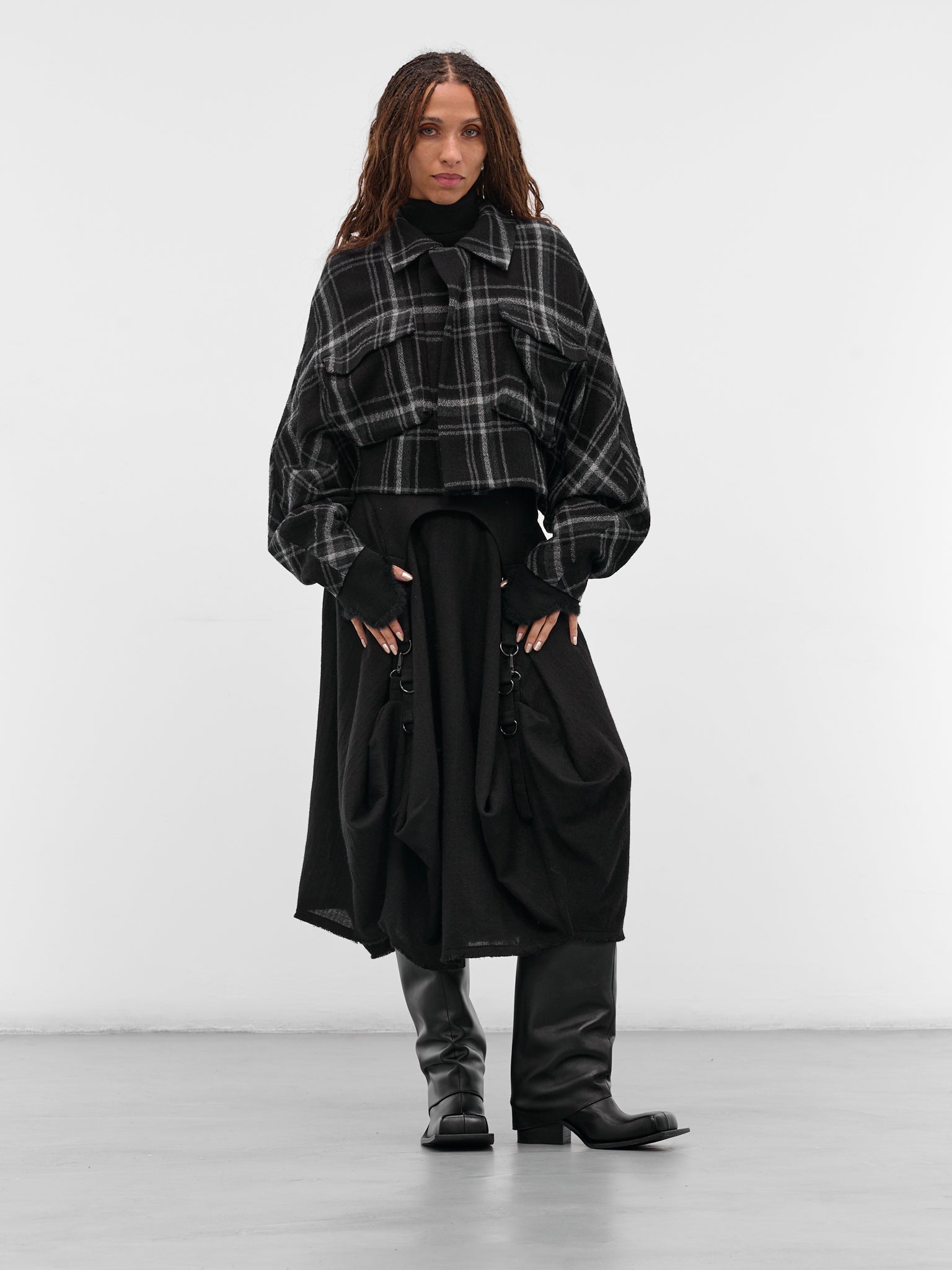Black Check Cropped Wool Jacket (LL-J07-122-1-BLACK)