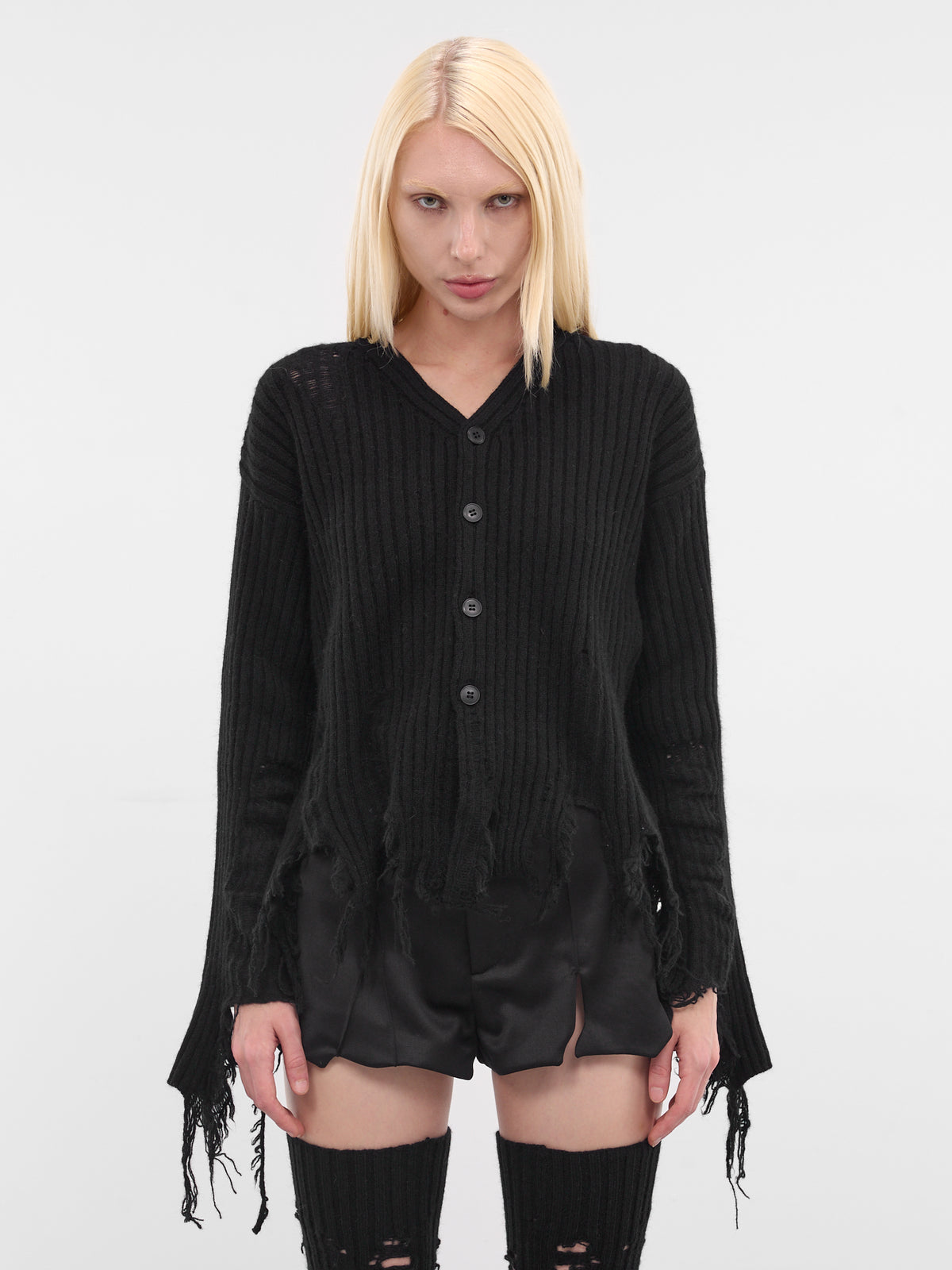 Black Distressed Wool-Angora Cardigan (LL-K02-160-3-BLACK)