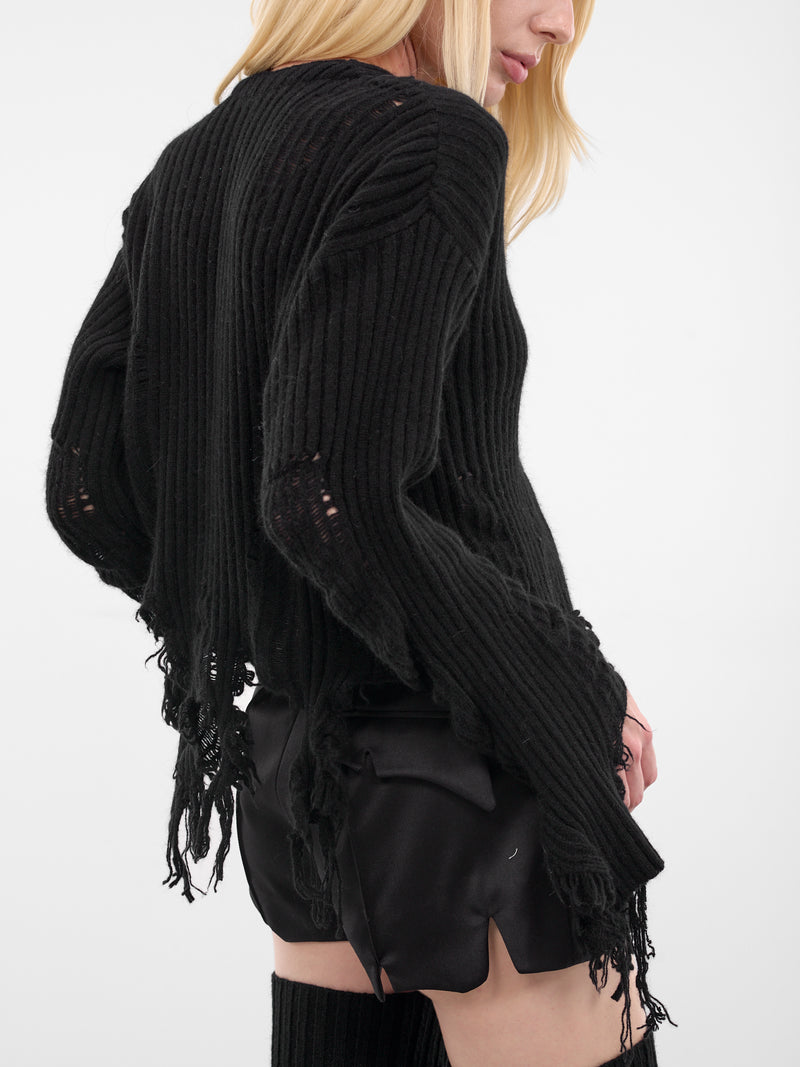 Black Distressed Wool-Angora Cardigan (LL-K02-160-3-BLACK)
