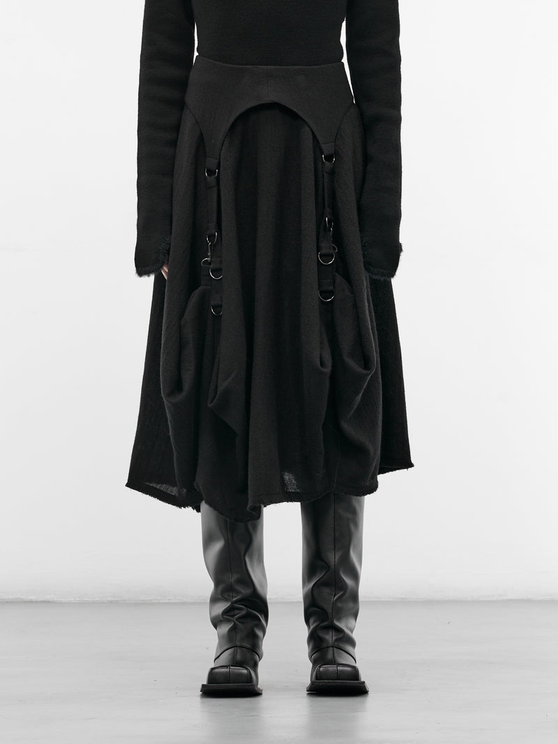 Black Wool Balloon Midi Skirt (LL-S09-106-1-BLACK)