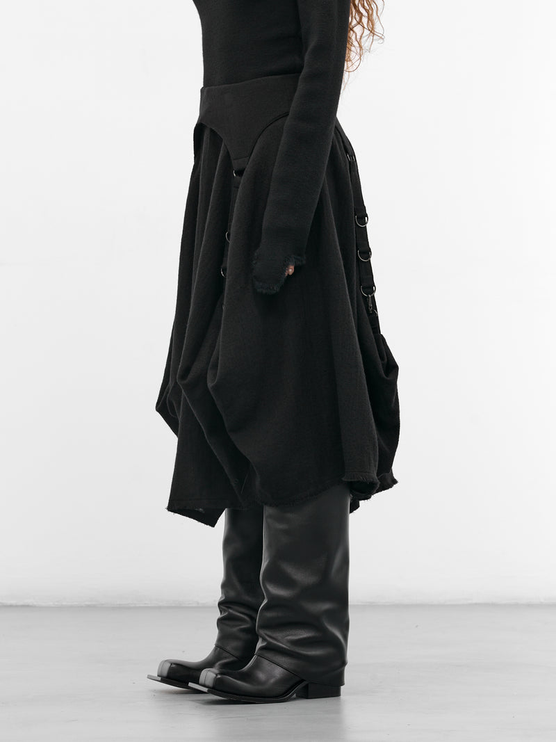 Black Wool Balloon Midi Skirt (LL-S09-106-1-BLACK)