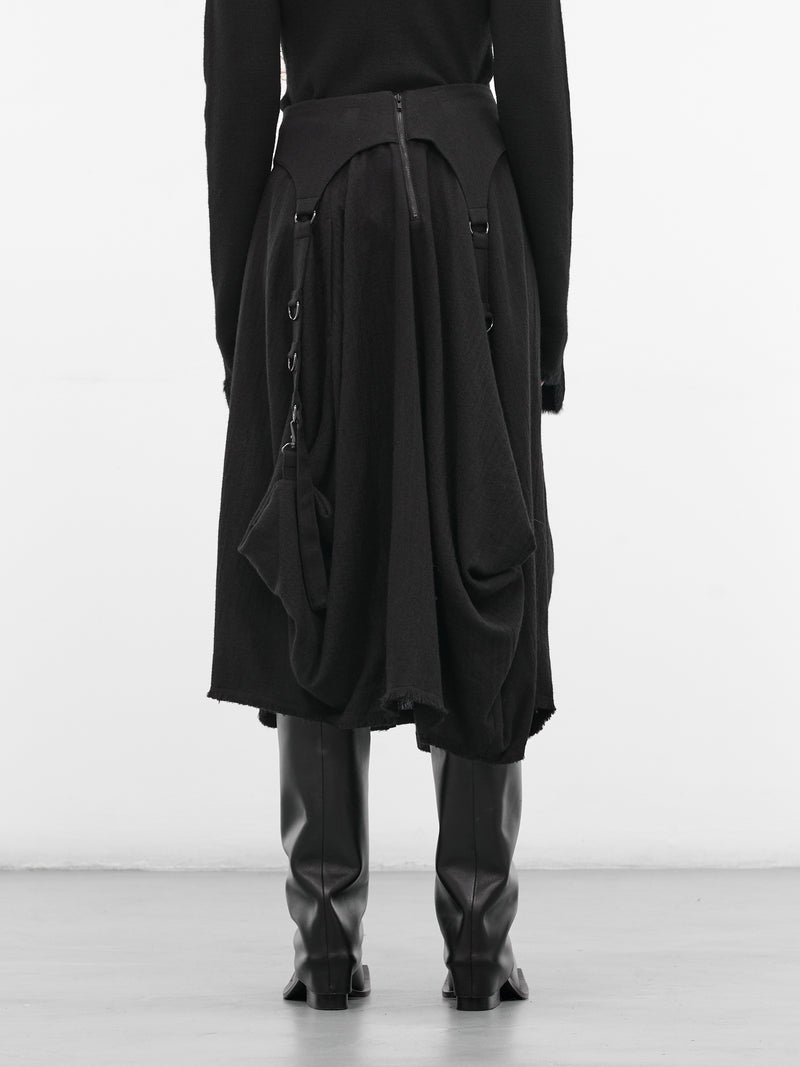 Black Wool Balloon Midi Skirt (LL-S09-106-1-BLACK)