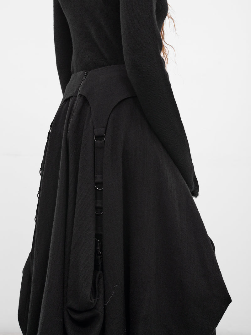 Black Wool Balloon Midi Skirt (LL-S09-106-1-BLACK)