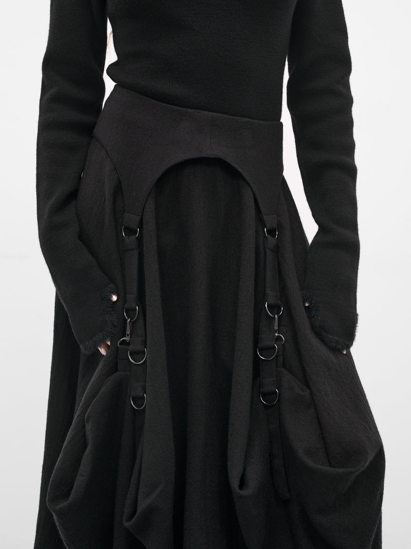 Black Wool Balloon Midi Skirt (LL-S09-106-1-BLACK)