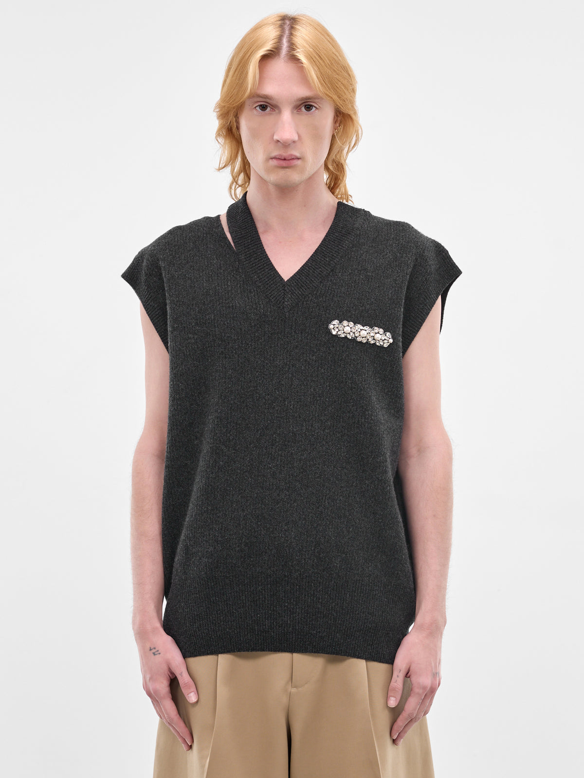 Charcoal Pearl Embellished Wool Vest (LMK11MB-0660-CHARCOAL-PEARL)