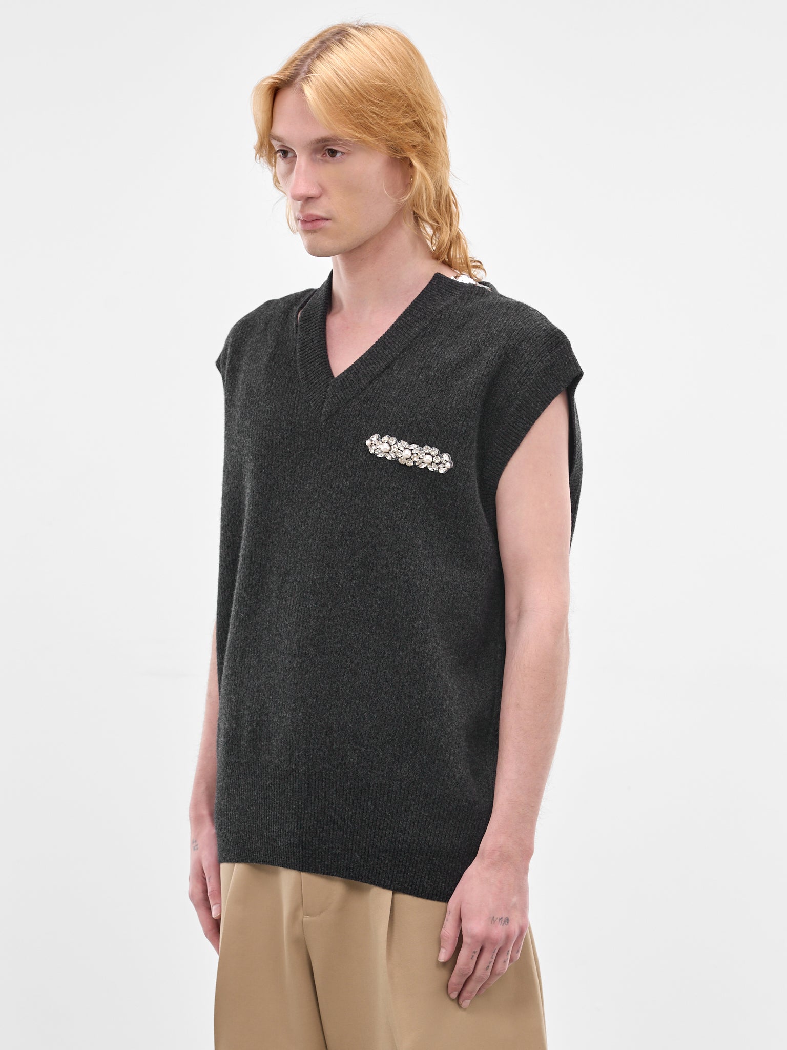 Charcoal Pearl Embellished Wool Vest (LMK11MB-0660-CHARCOAL-PEARL)