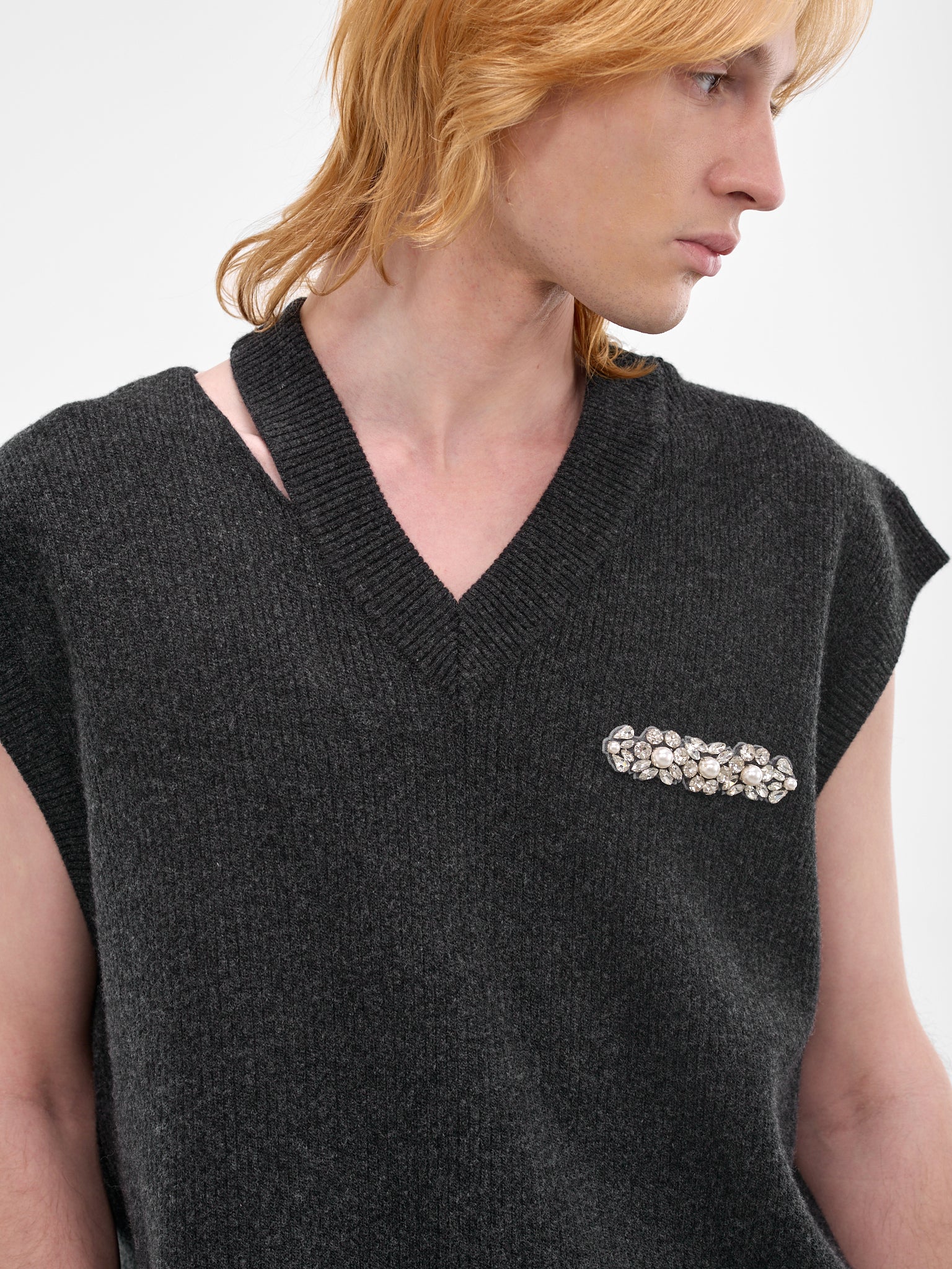 Charcoal Pearl Embellished Wool Vest (LMK11MB-0660-CHARCOAL-PEARL)