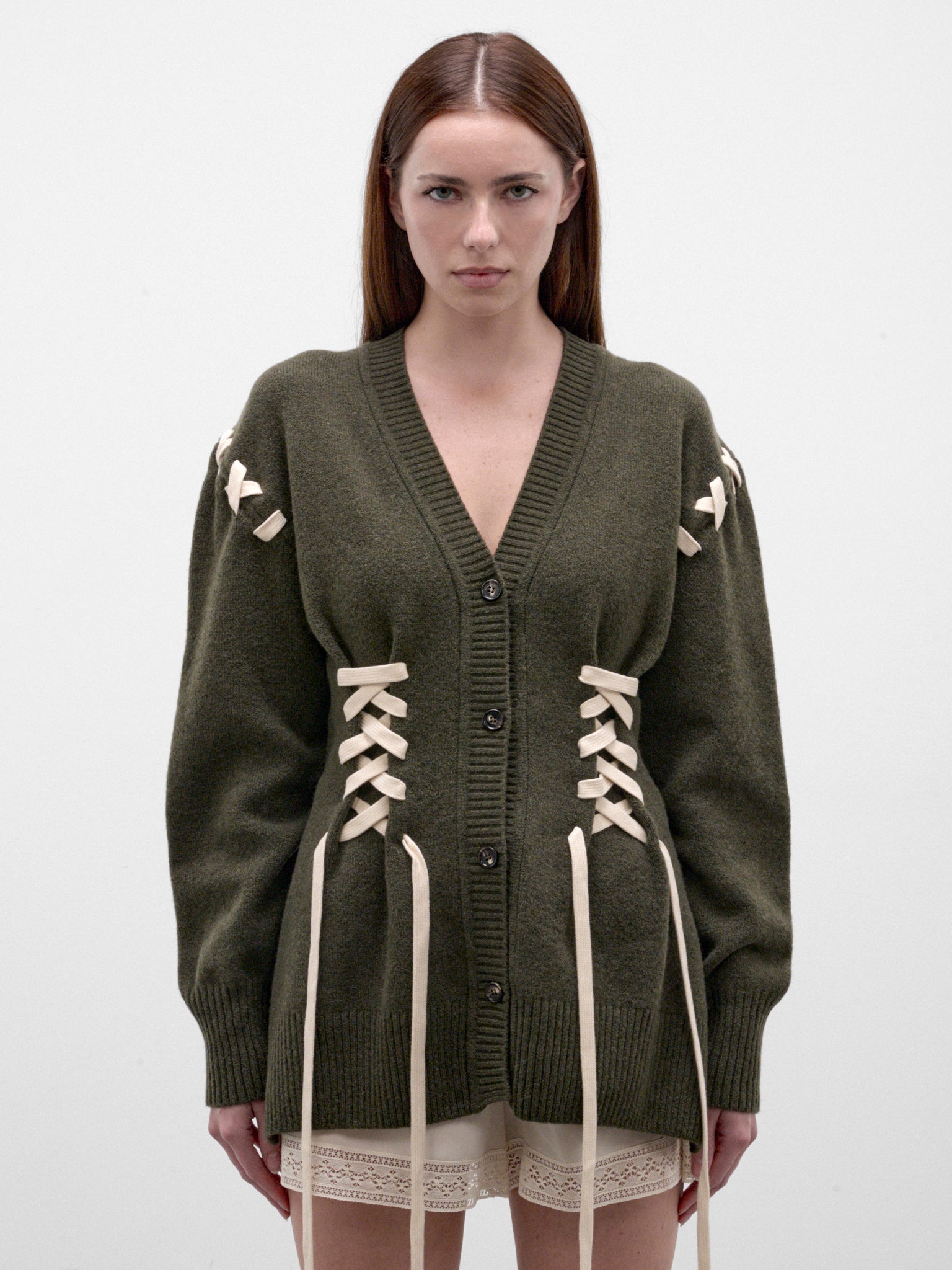 Khaki Merino Wool V-Neck Cardigan (LMK13-0660-KHAKI-ECRU)