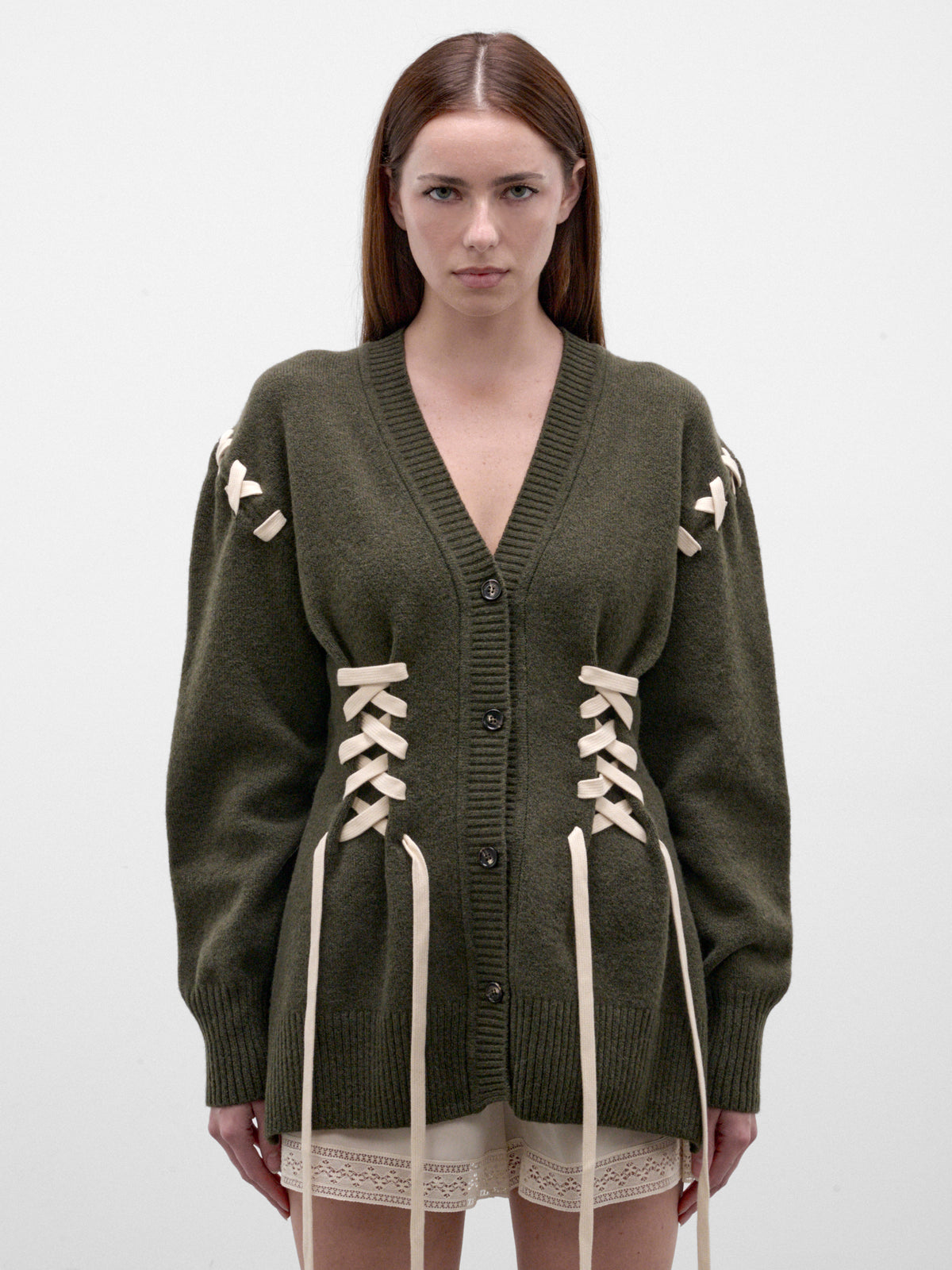 Khaki Merino Wool V-Neck Cardigan (LMK13-0660-KHAKI-ECRU)