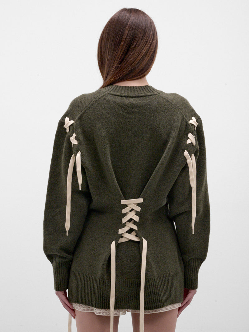 Khaki Merino Wool V-Neck Cardigan (LMK13-0660-KHAKI-ECRU)