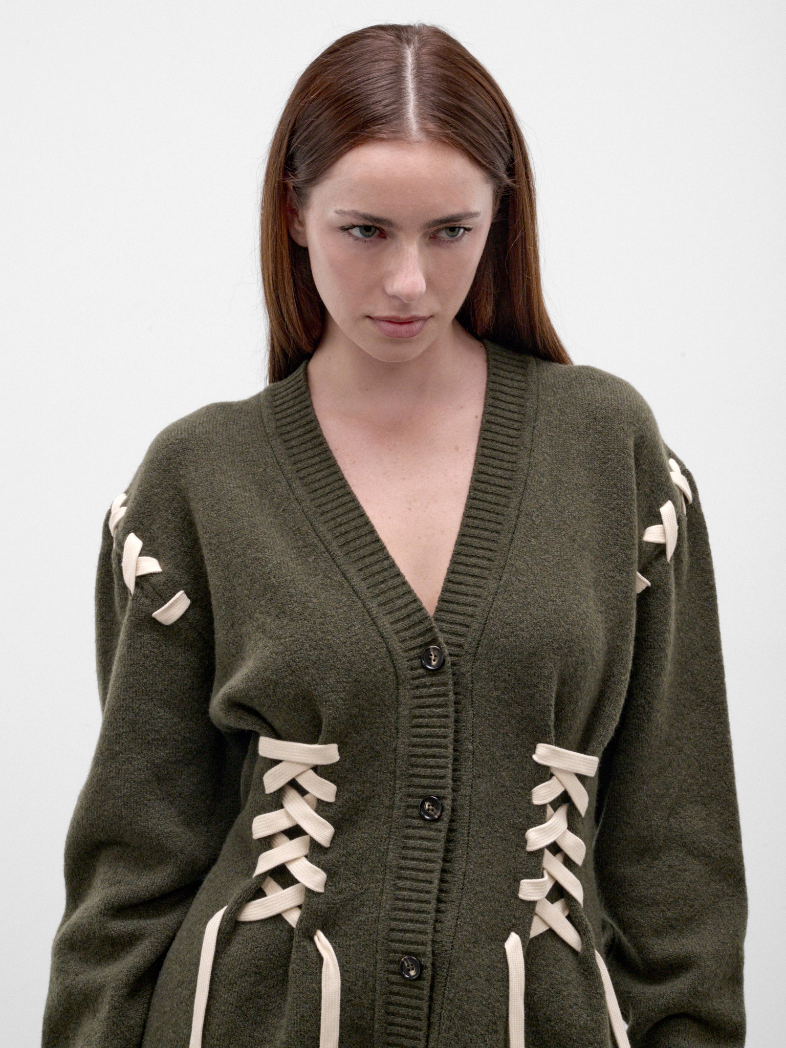 Khaki Merino Wool V-Neck Cardigan (LMK13-0660-KHAKI-ECRU)