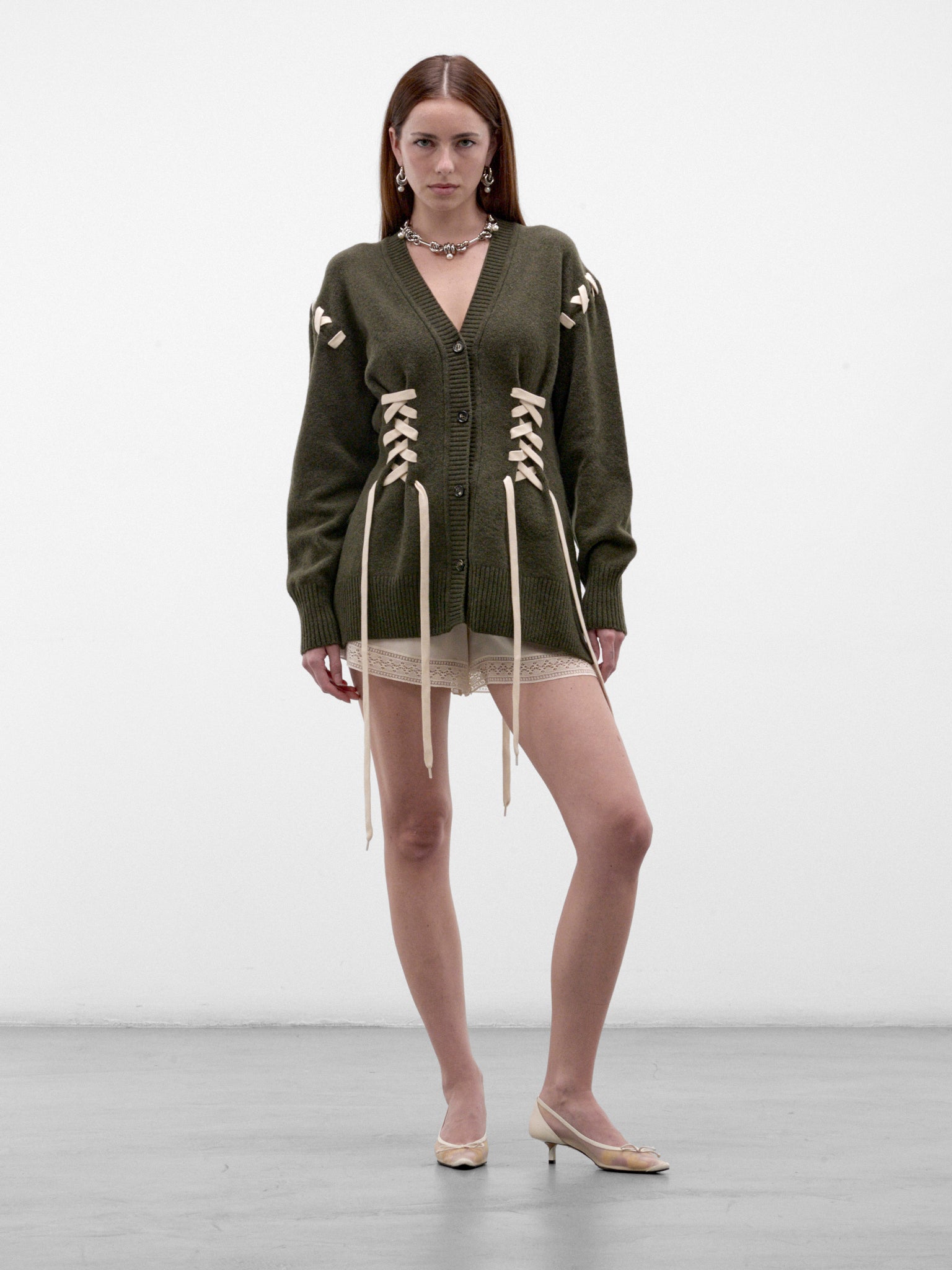 Khaki Merino Wool V-Neck Cardigan (LMK13-0660-KHAKI-ECRU)