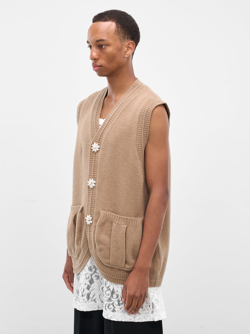 Beige Wool Knit Cardigan Vest (LMK9B-0660-CAMEL-PEARL)