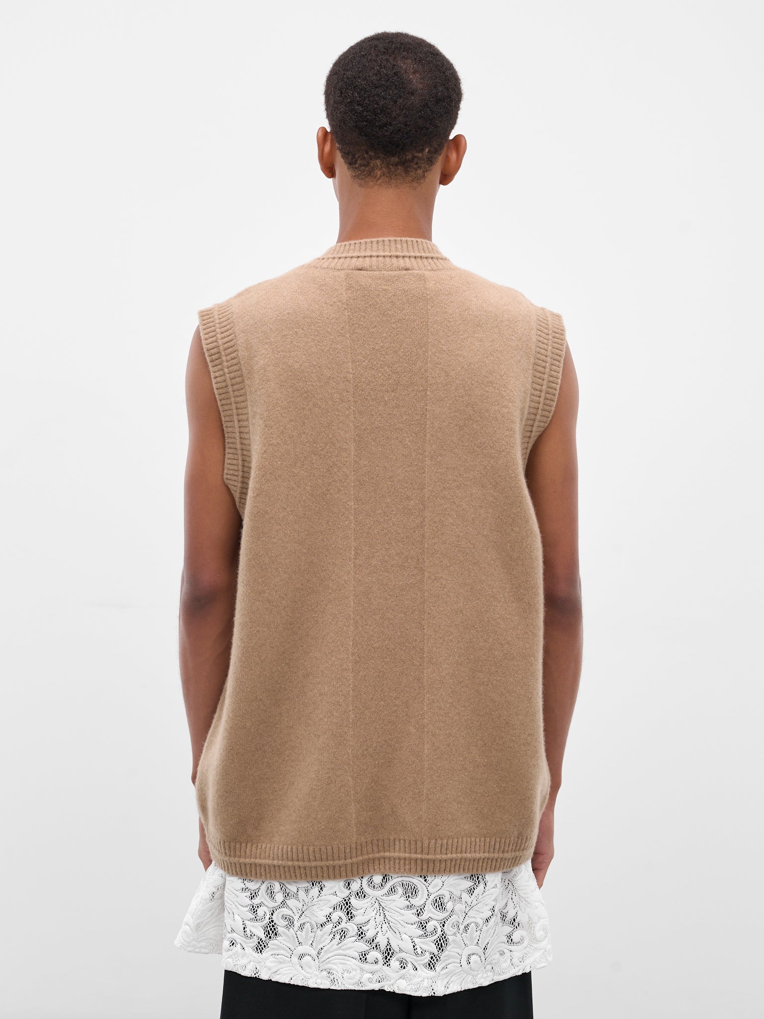 Beige Wool Knit Cardigan Vest (LMK9B-0660-CAMEL-PEARL)